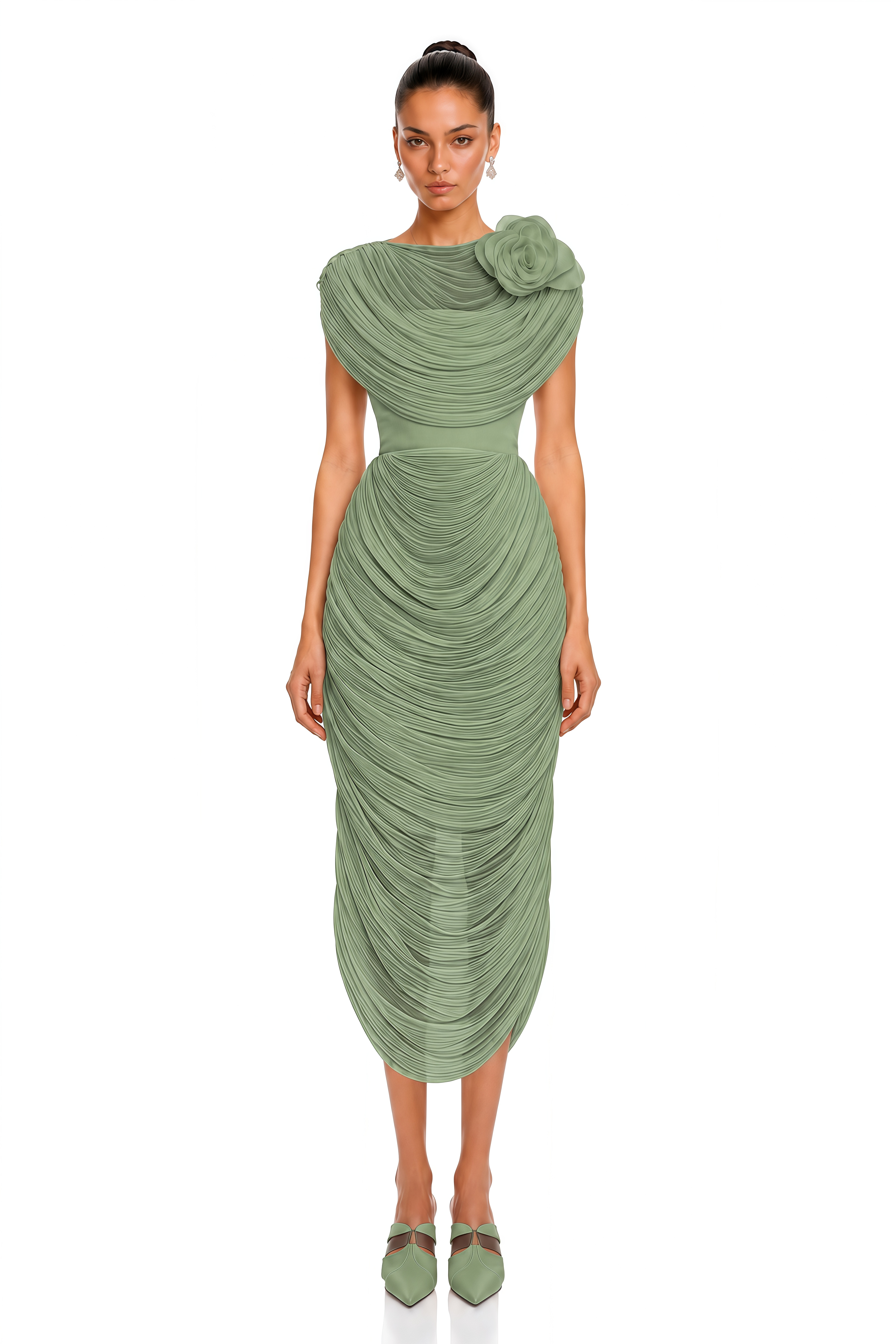 Elysia Green Draped Shawl & Strapless Midi Dress Set