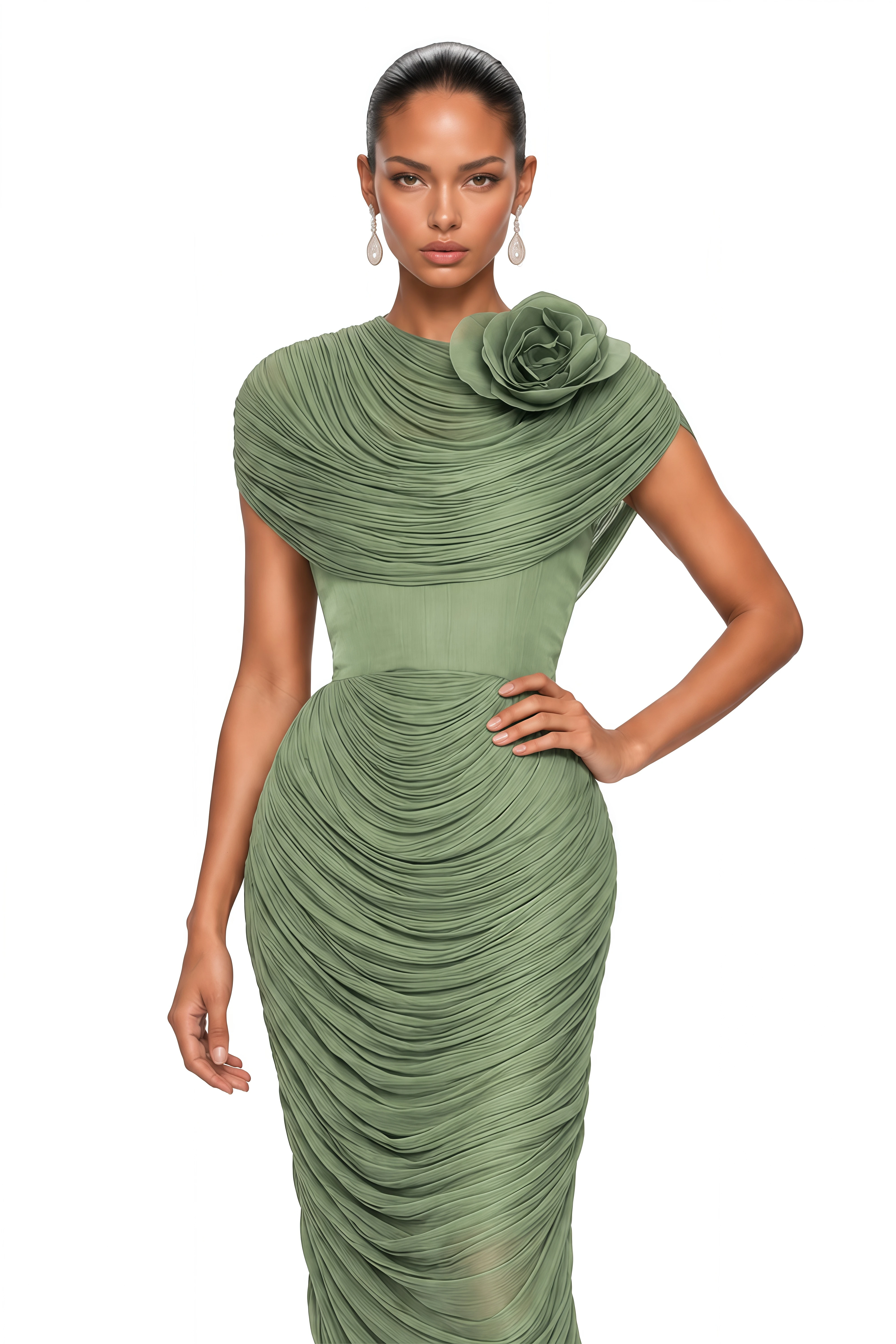 Elysia Green Draped Shawl & Strapless Midi Dress Set