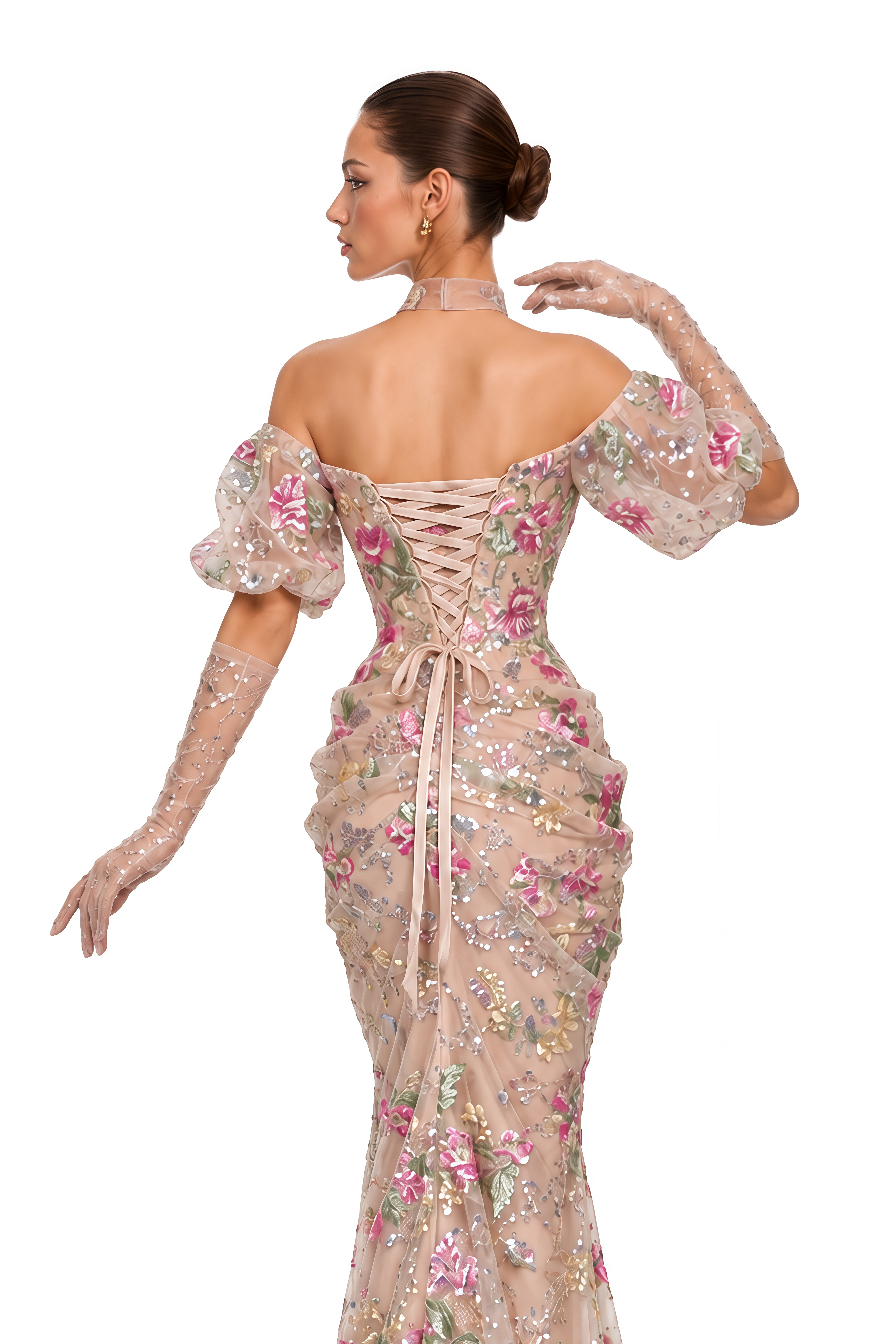 Elysia Pink Floral Embellished Off Shoulder Maxi Gown