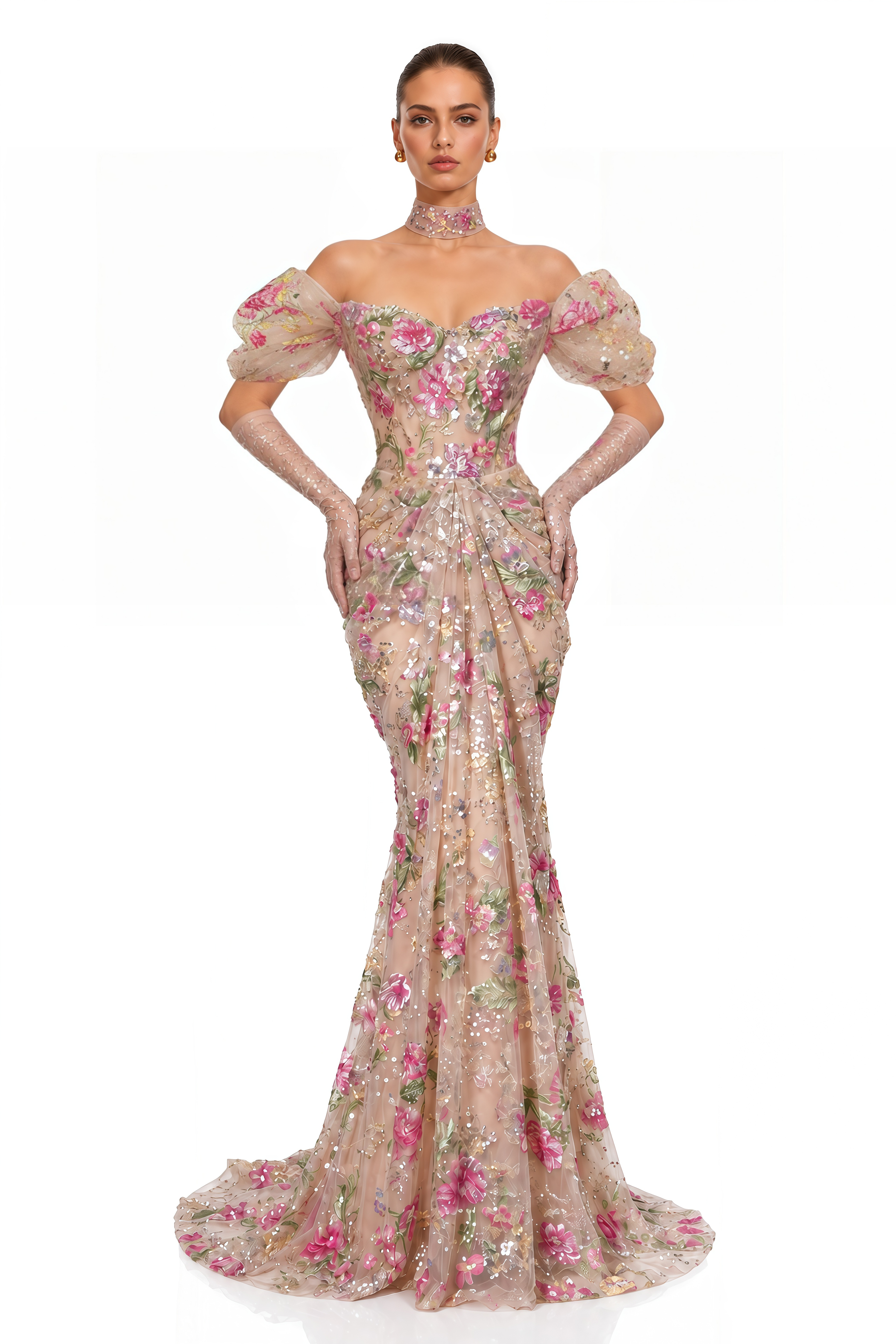 Elysia Pink Floral Embellished Off Shoulder Maxi Gown (Without Gloves)