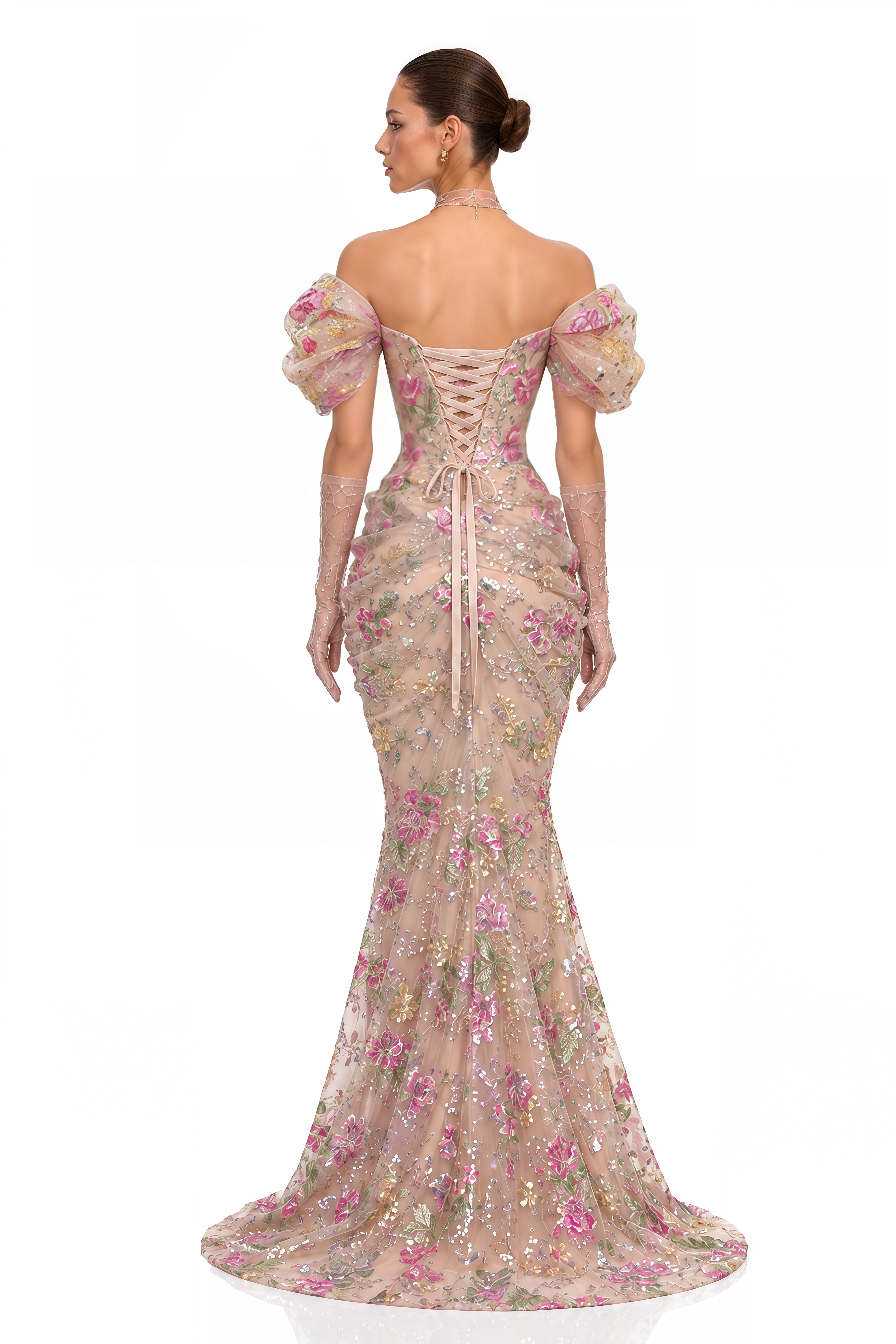 Elysia Pink Floral Embellished Off Shoulder Maxi Gown (Without Gloves)