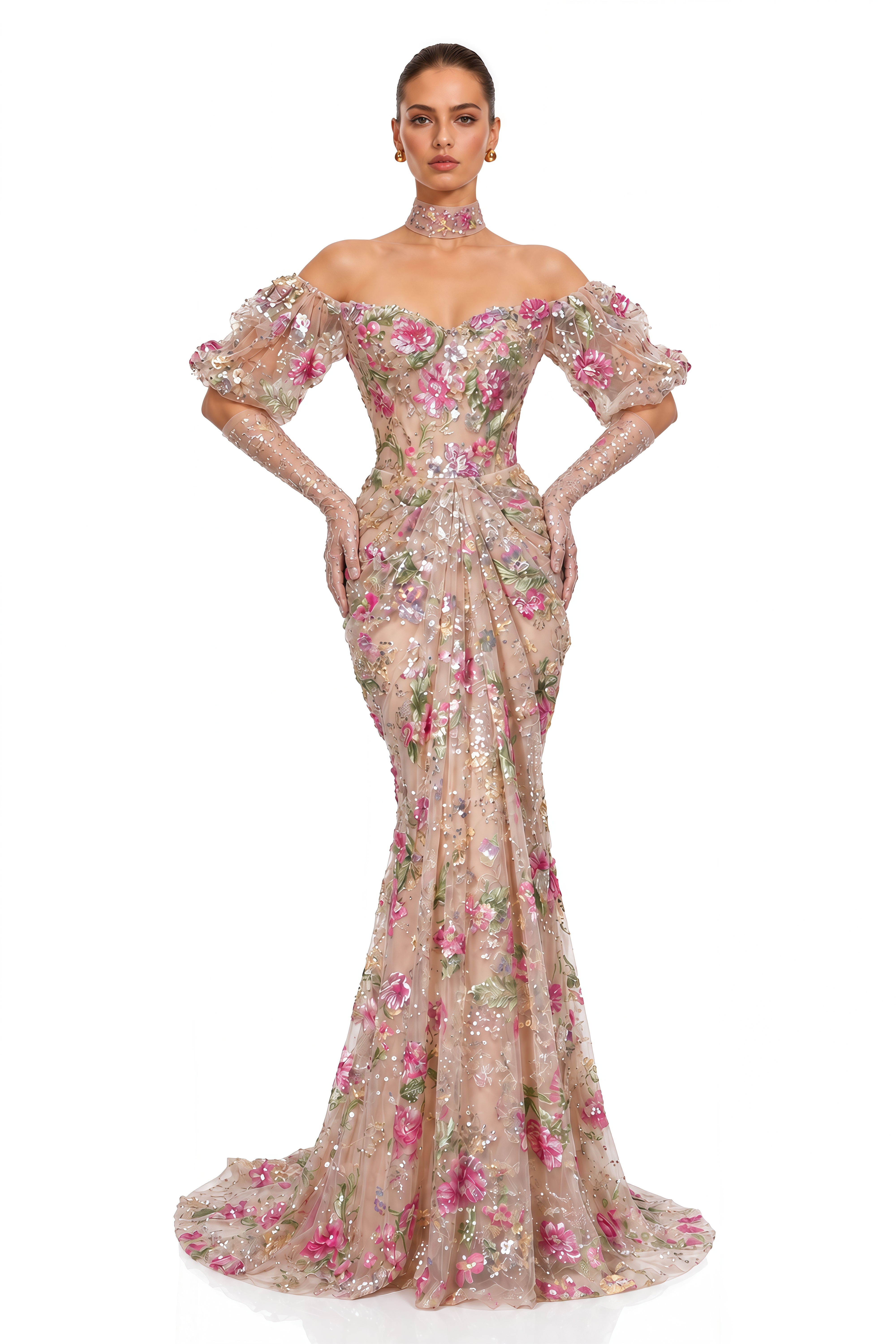 Elysia Pink Floral Embellished Off Shoulder Maxi Gown