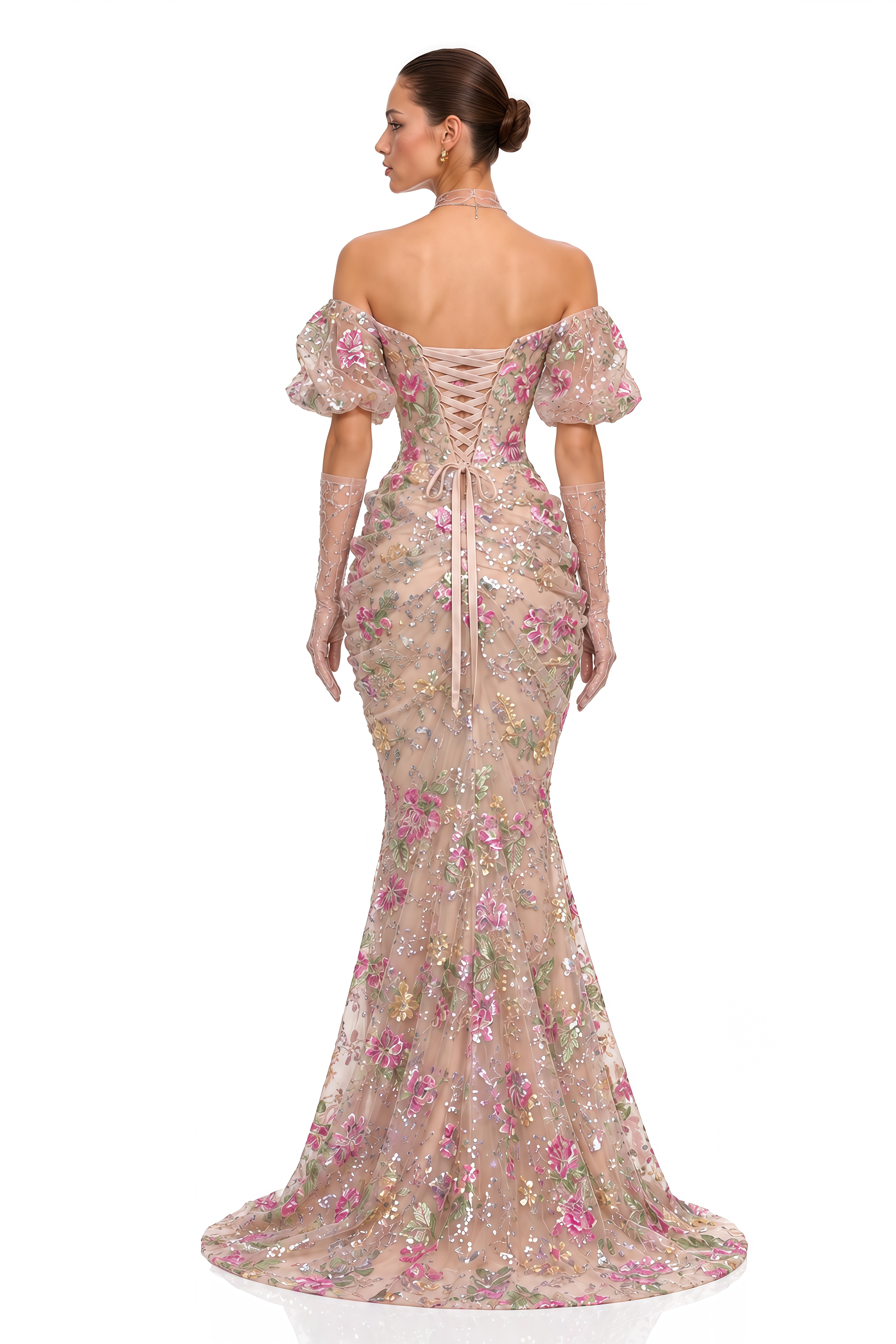 Elysia Pink Floral Embellished Off Shoulder Maxi Gown