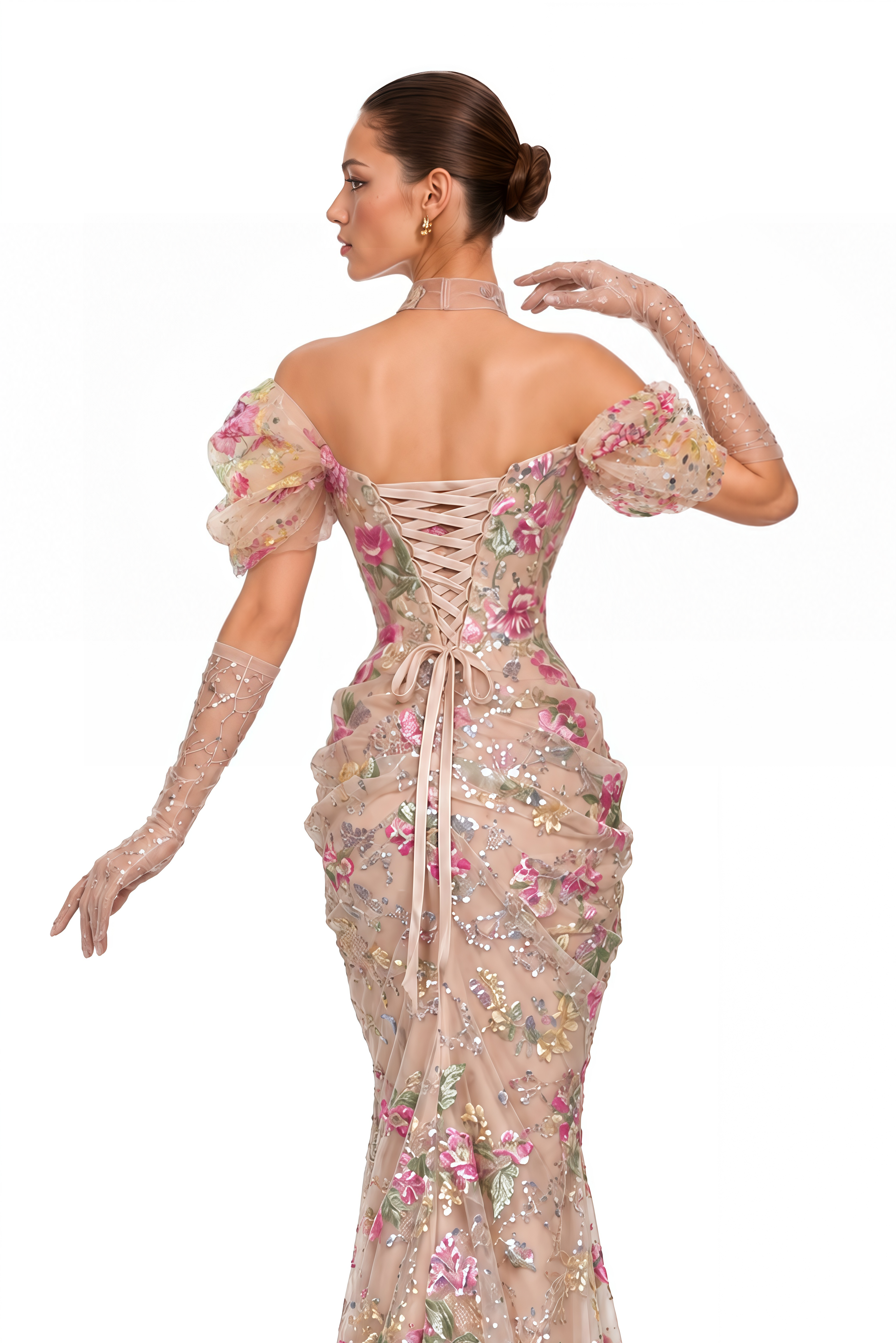 Elysia Pink Floral Embellished Off Shoulder Maxi Gown (Without Gloves)
