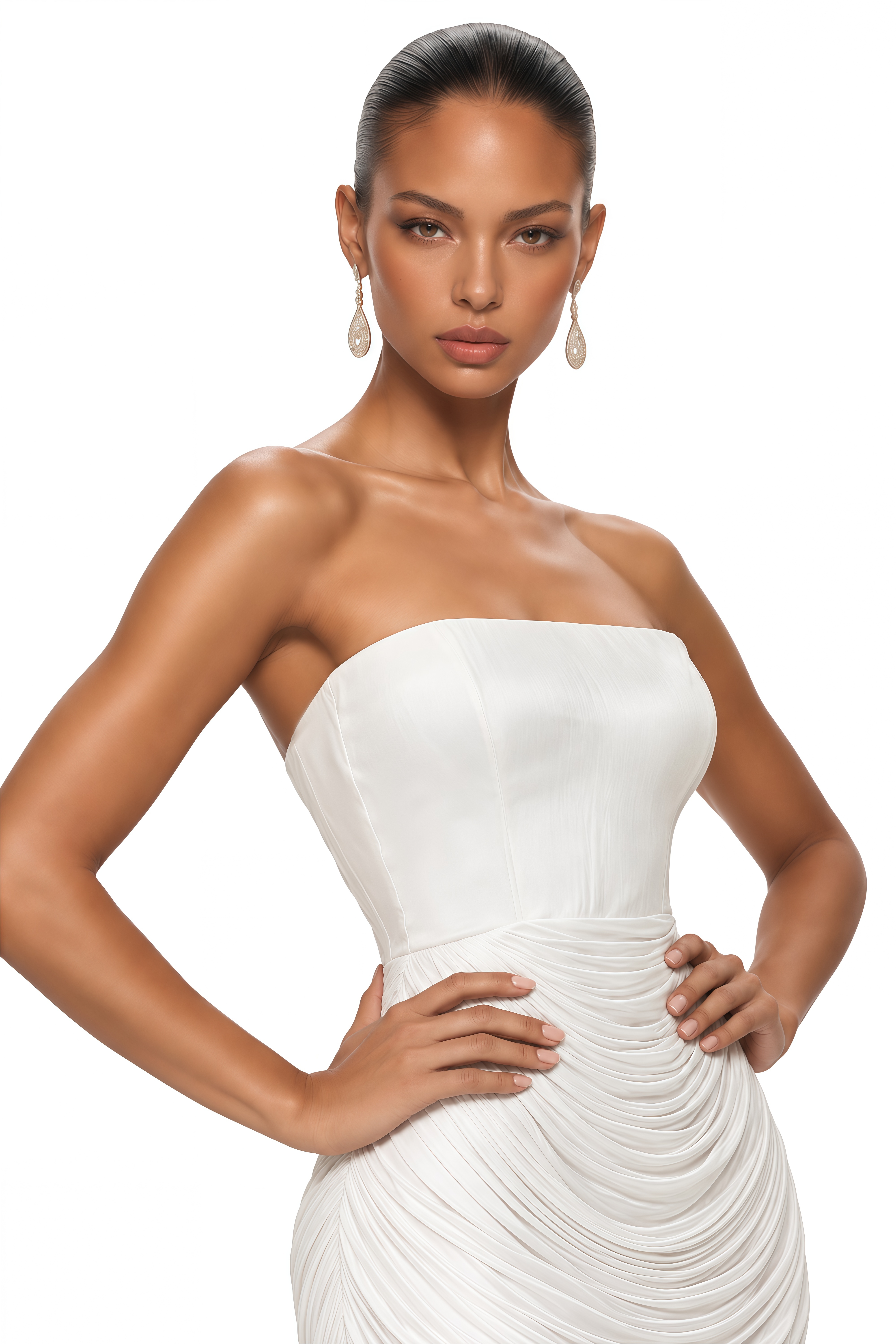 Elysia White Draped Shawl & Strapless Midi Dress Set