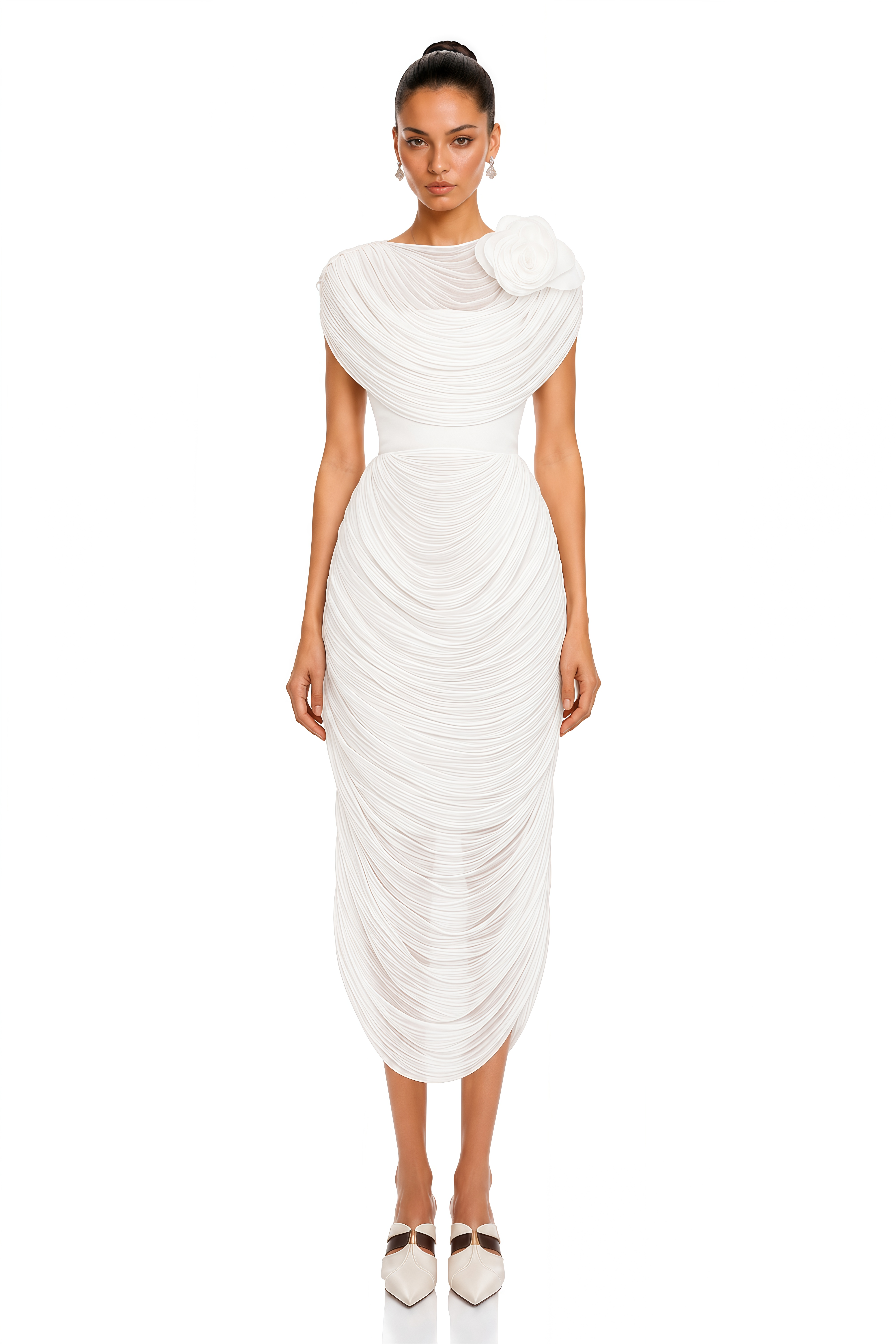 Elysia White Draped Shawl & Strapless Midi Dress Set