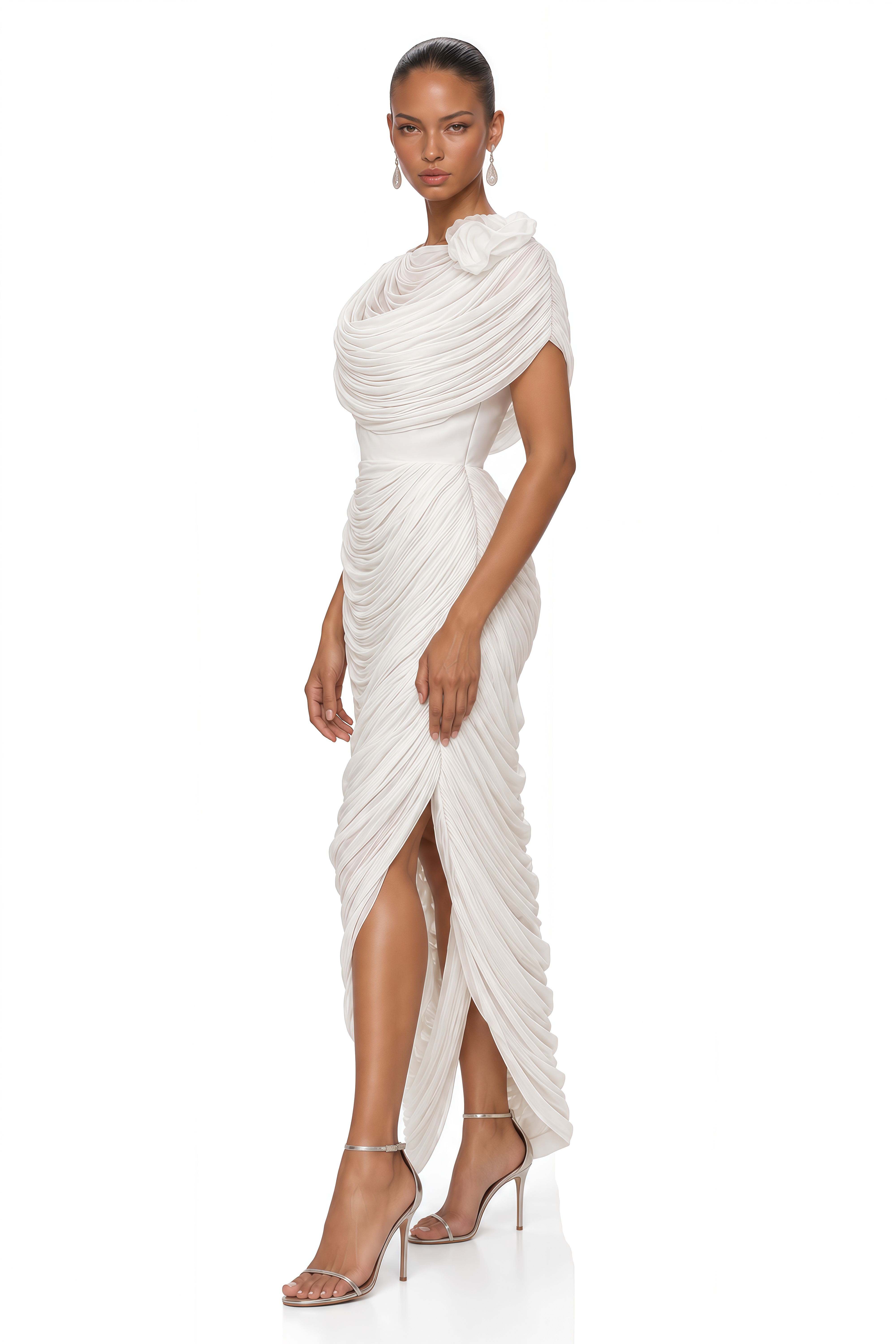 Elysia White Draped Shawl & Strapless Midi Dress Set