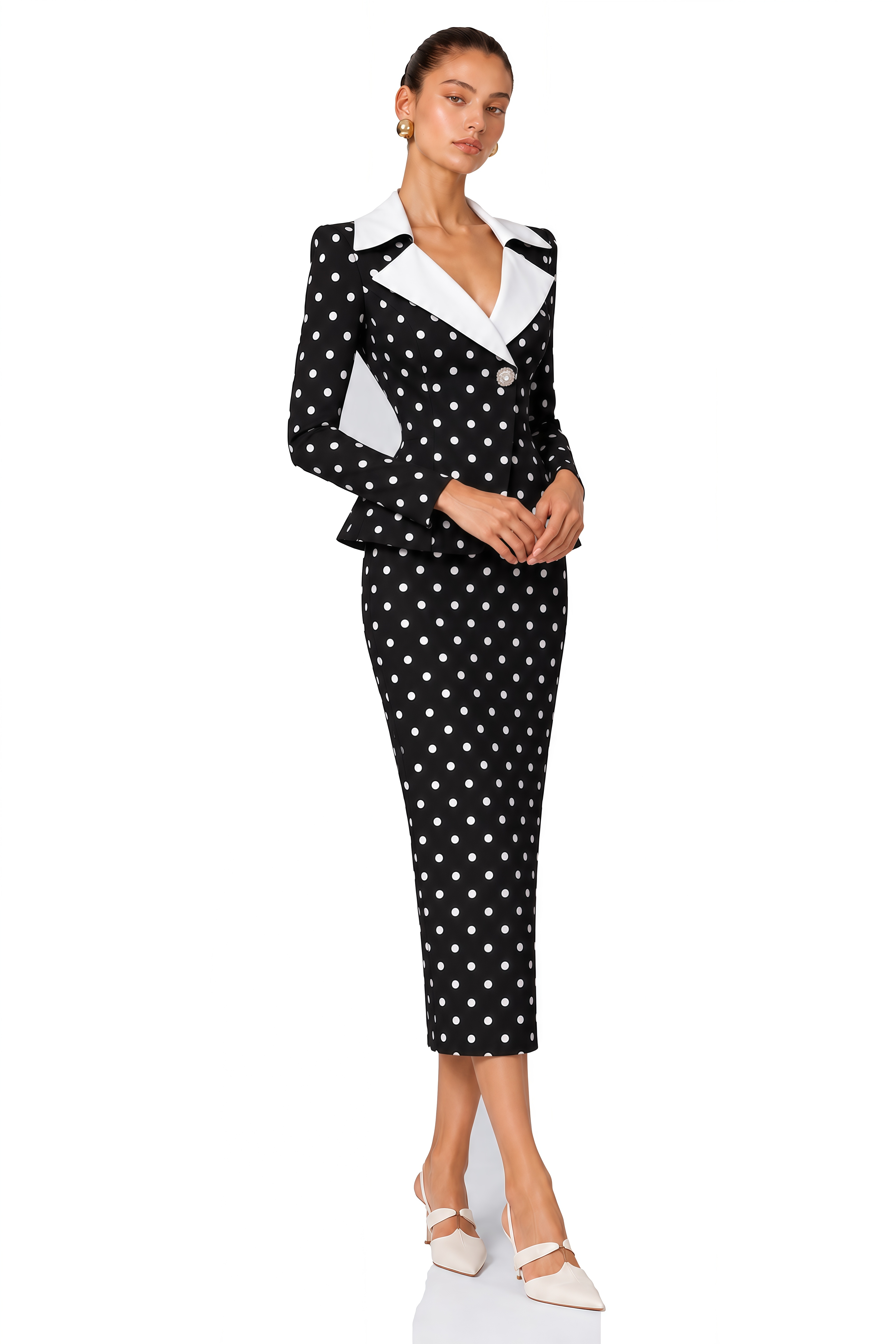 Elysiane Black Polka Dot Contrast Collar Blazer & Skirt Set