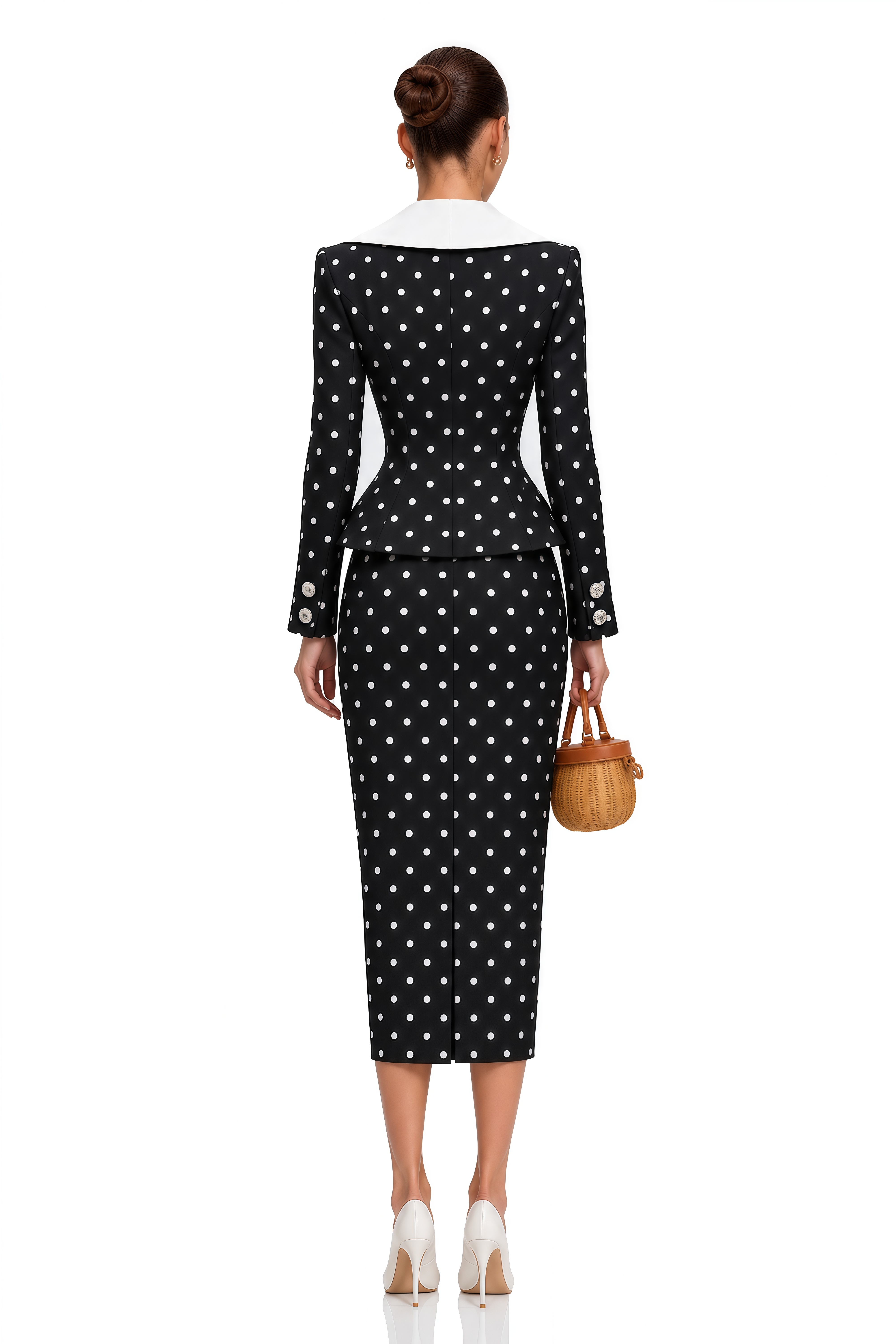 Elysiane Black Polka Dot Contrast Collar Blazer & Skirt Set