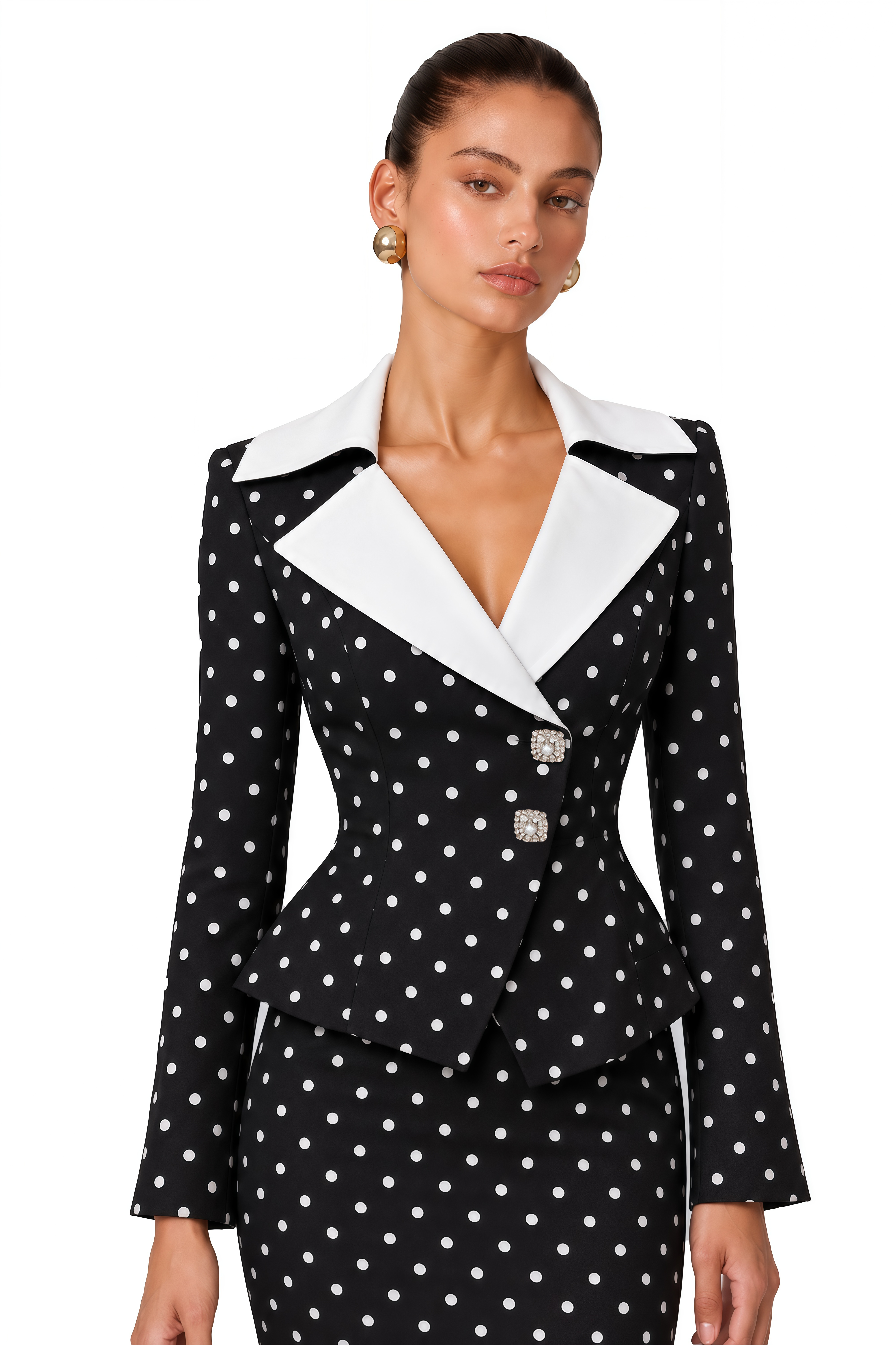 Elysiane Black Polka Dot Contrast Collar Blazer & Skirt Set