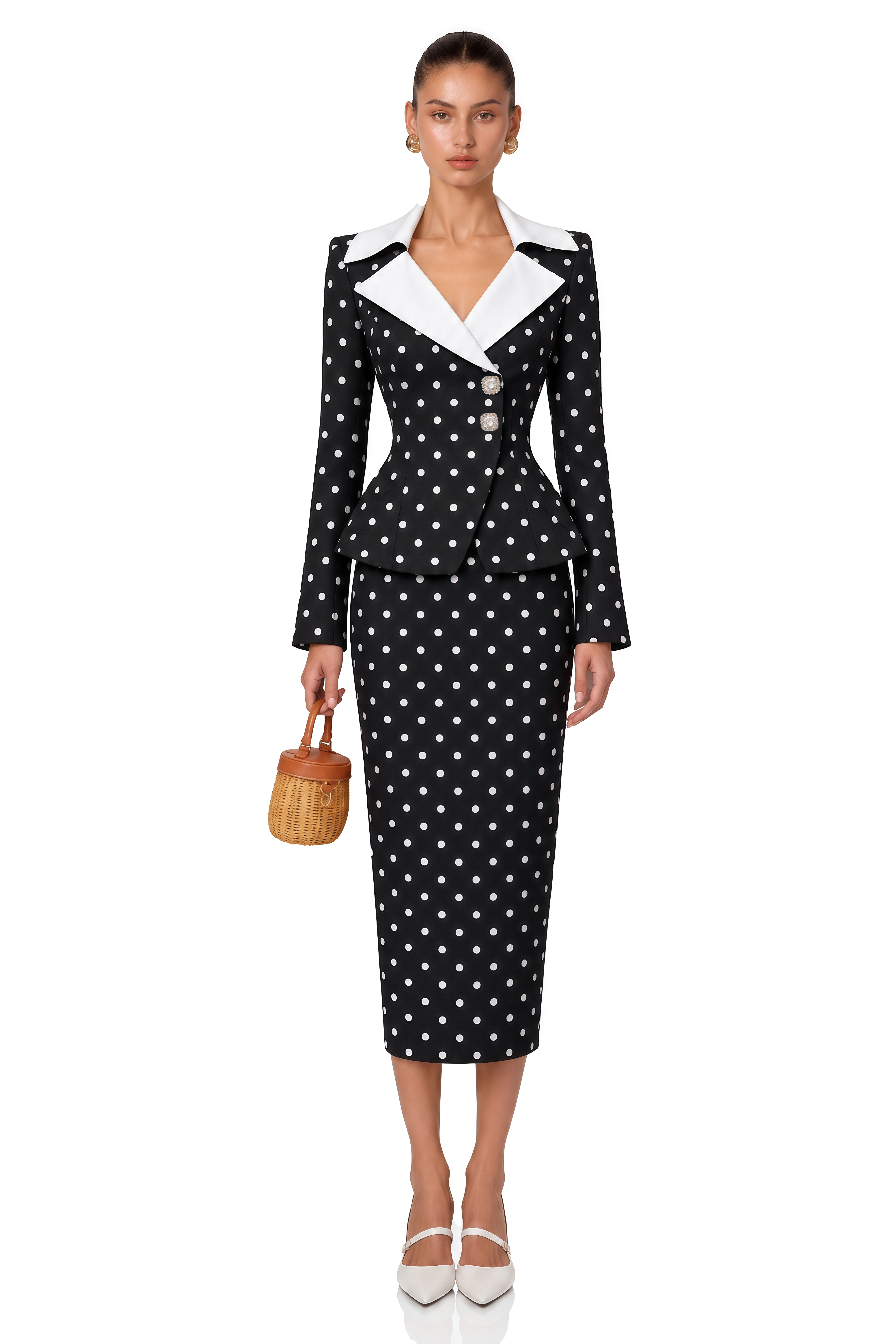 Elysiane Black Polka Dot Contrast Collar Blazer & Skirt Set