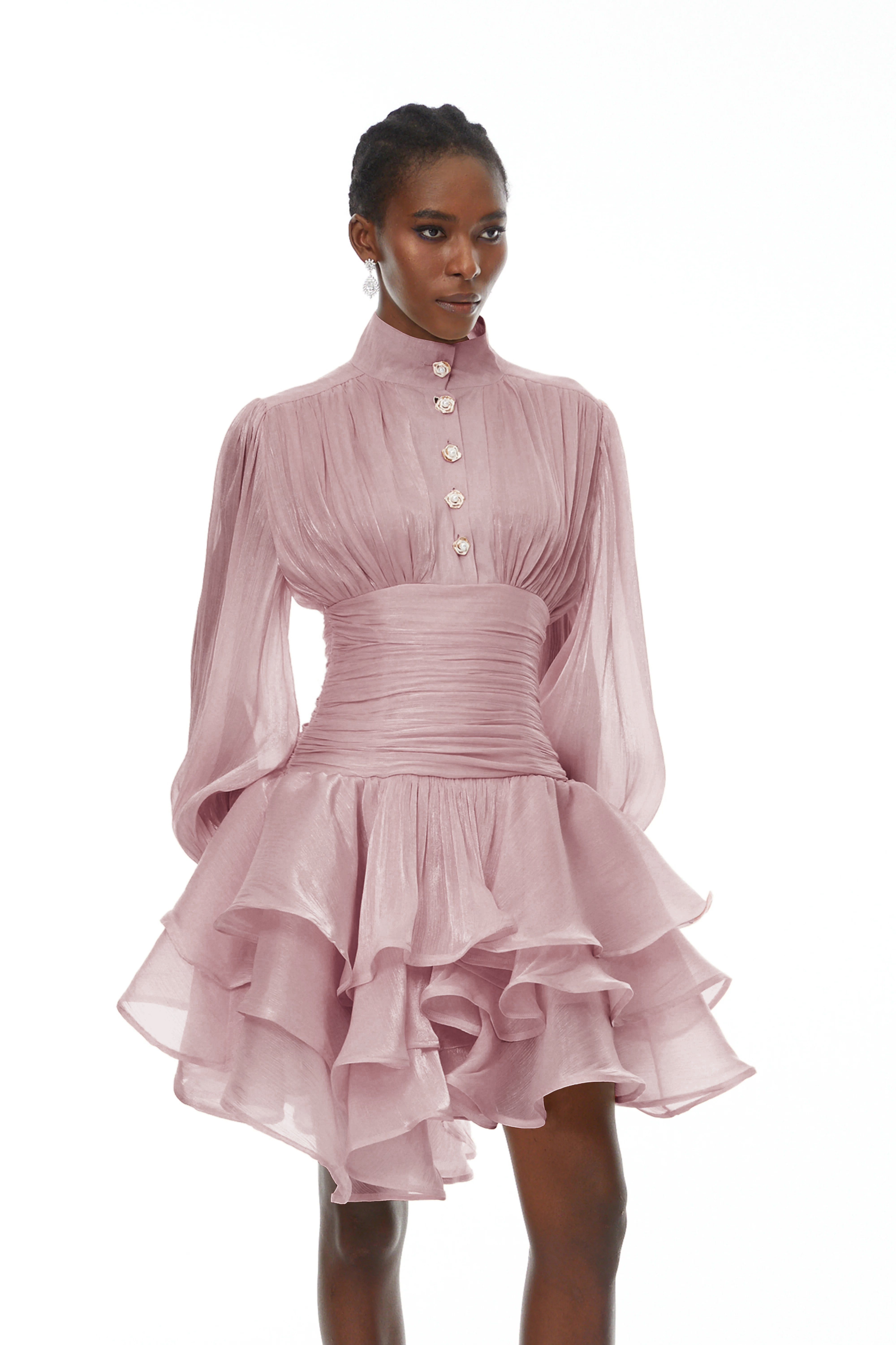 Emersyn Pink High-Neck Ruffled Detail Mini Dress (Final Sale-US Only)