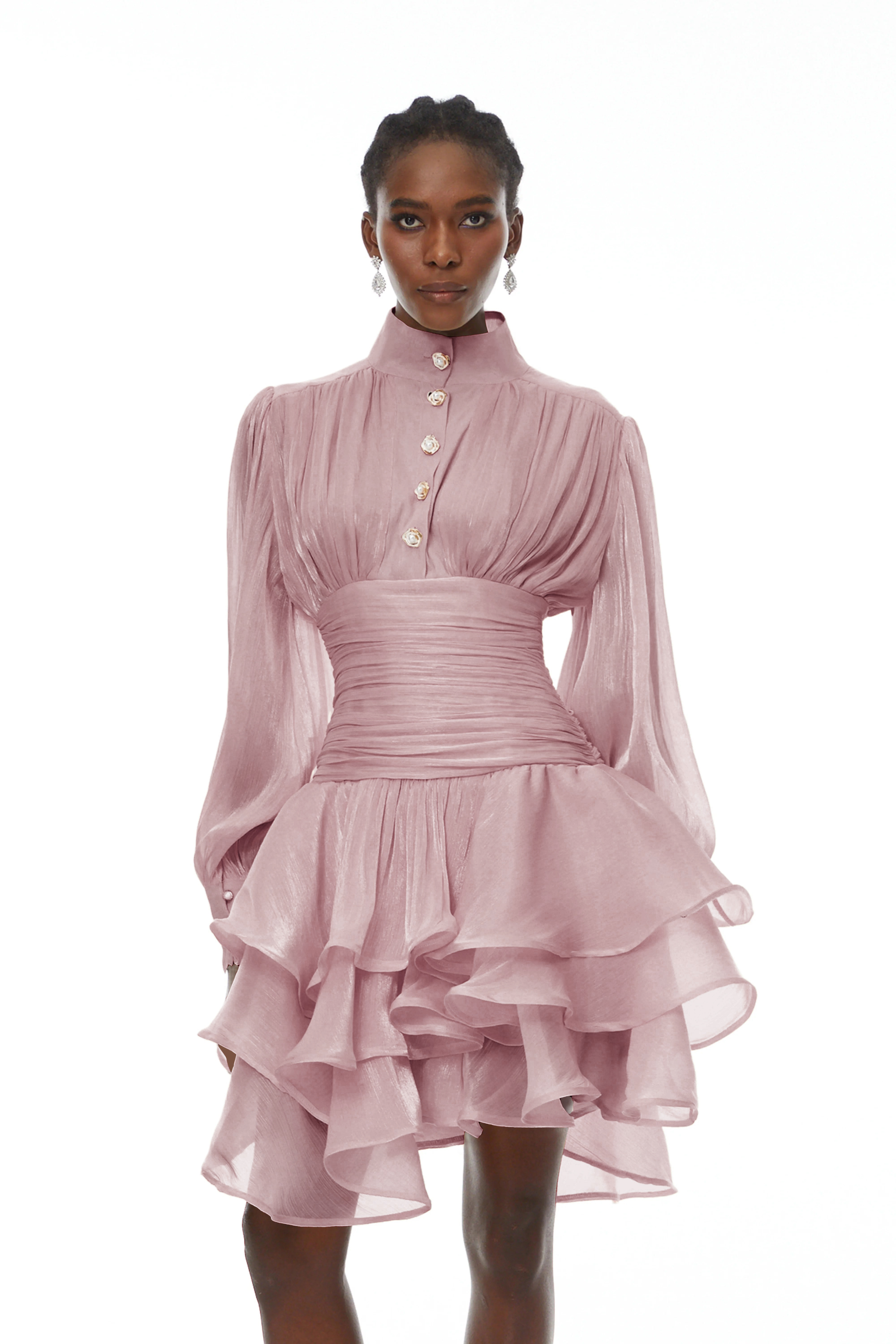 Emersyn Pink High-Neck Ruffled Detail Mini Dress