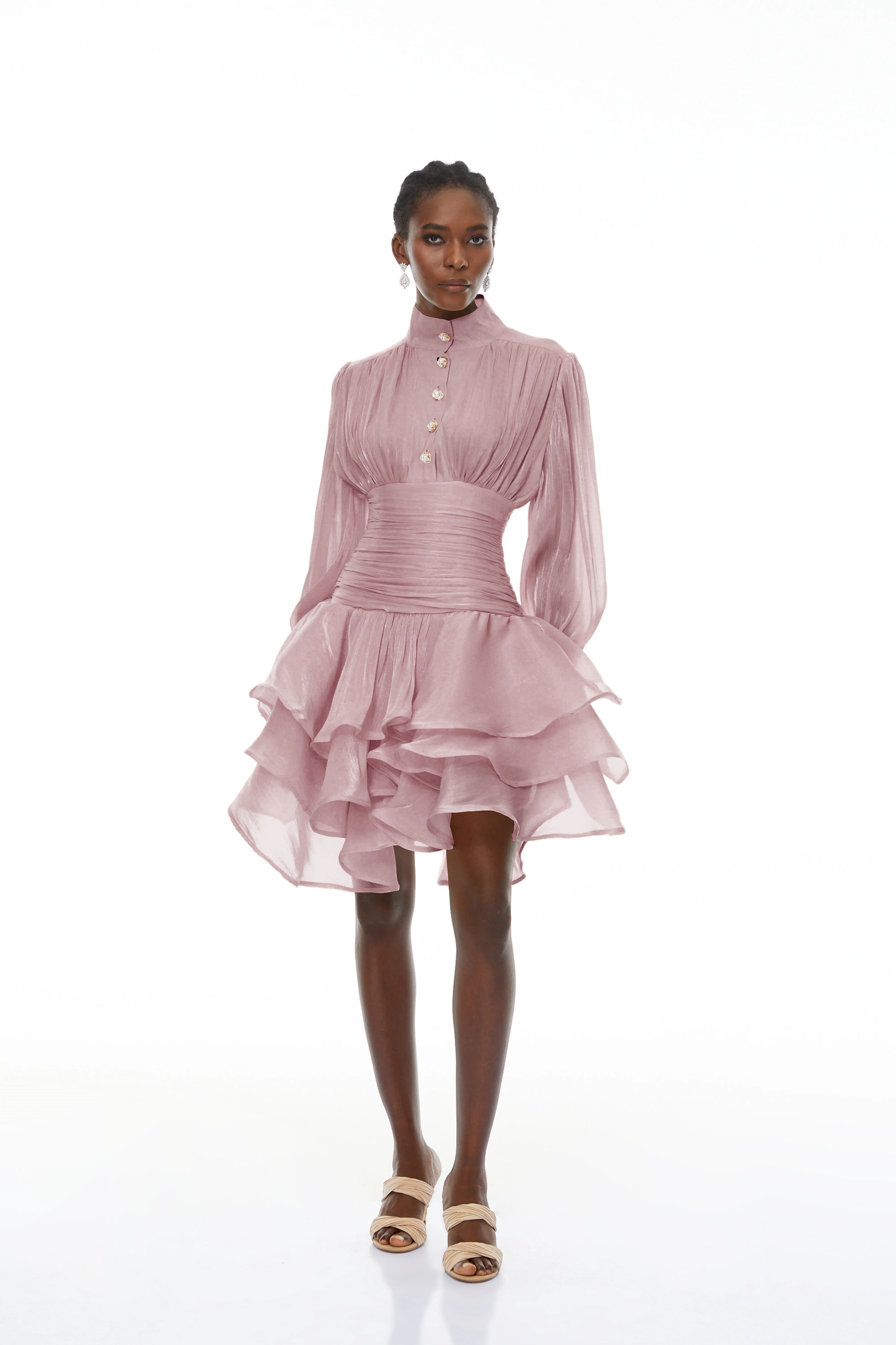 Emersyn Pink High-Neck Ruffled Detail Mini Dress (Final Sale-US Only)
