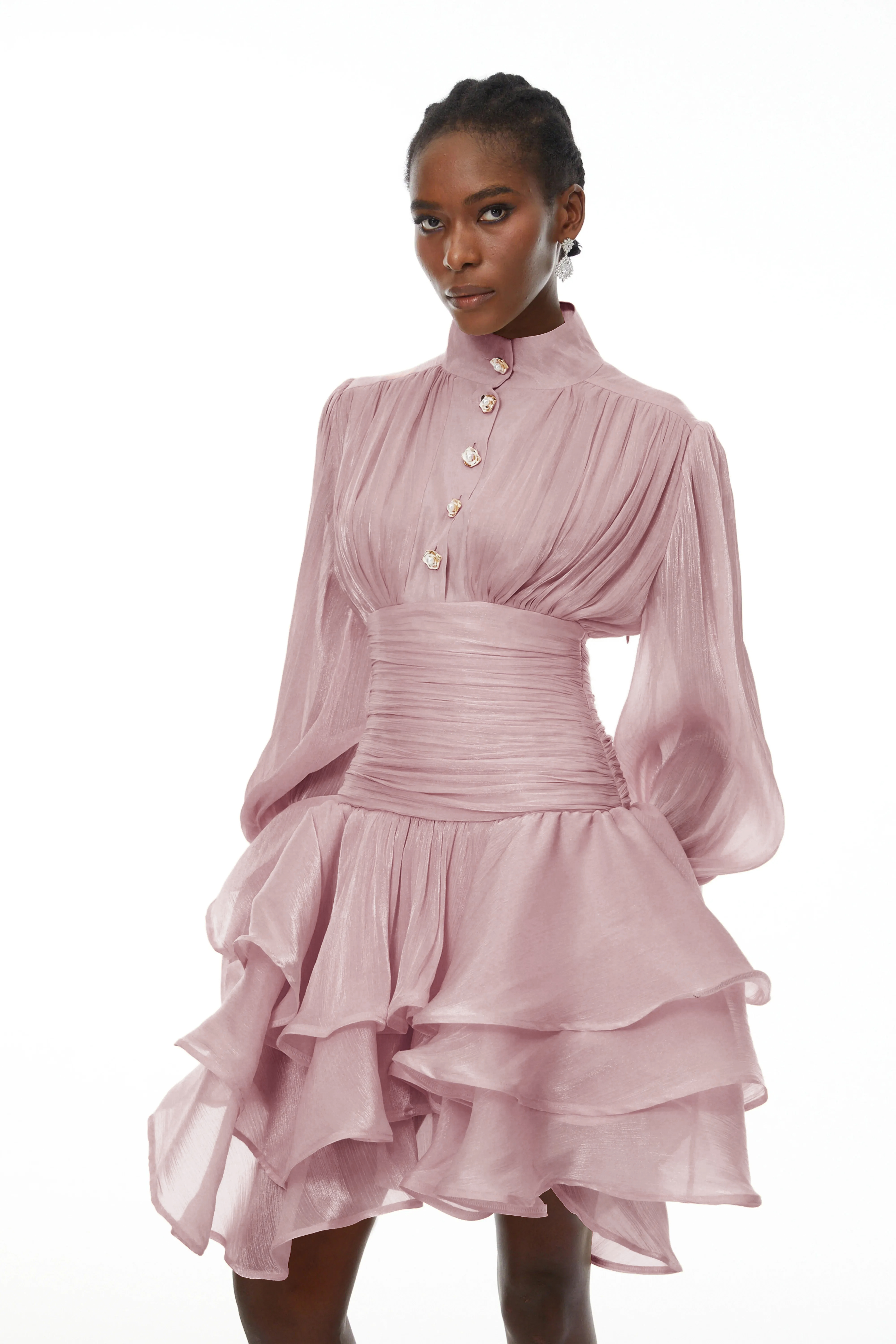 Emersyn Pink High-Neck Ruffled Detail Mini Dress