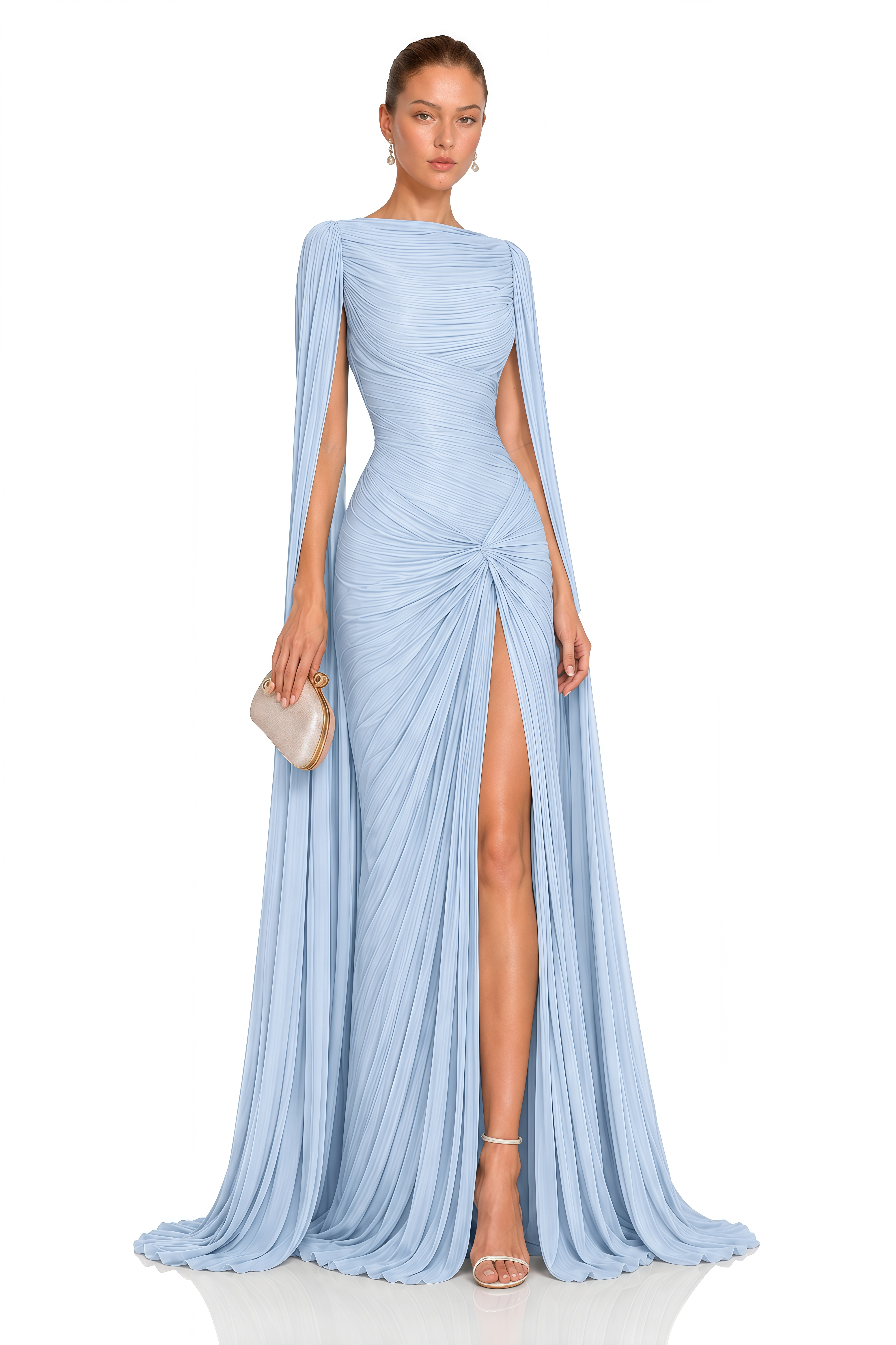 Eowyn Blue Cape Sleeves Twist Slit Maxi Dress