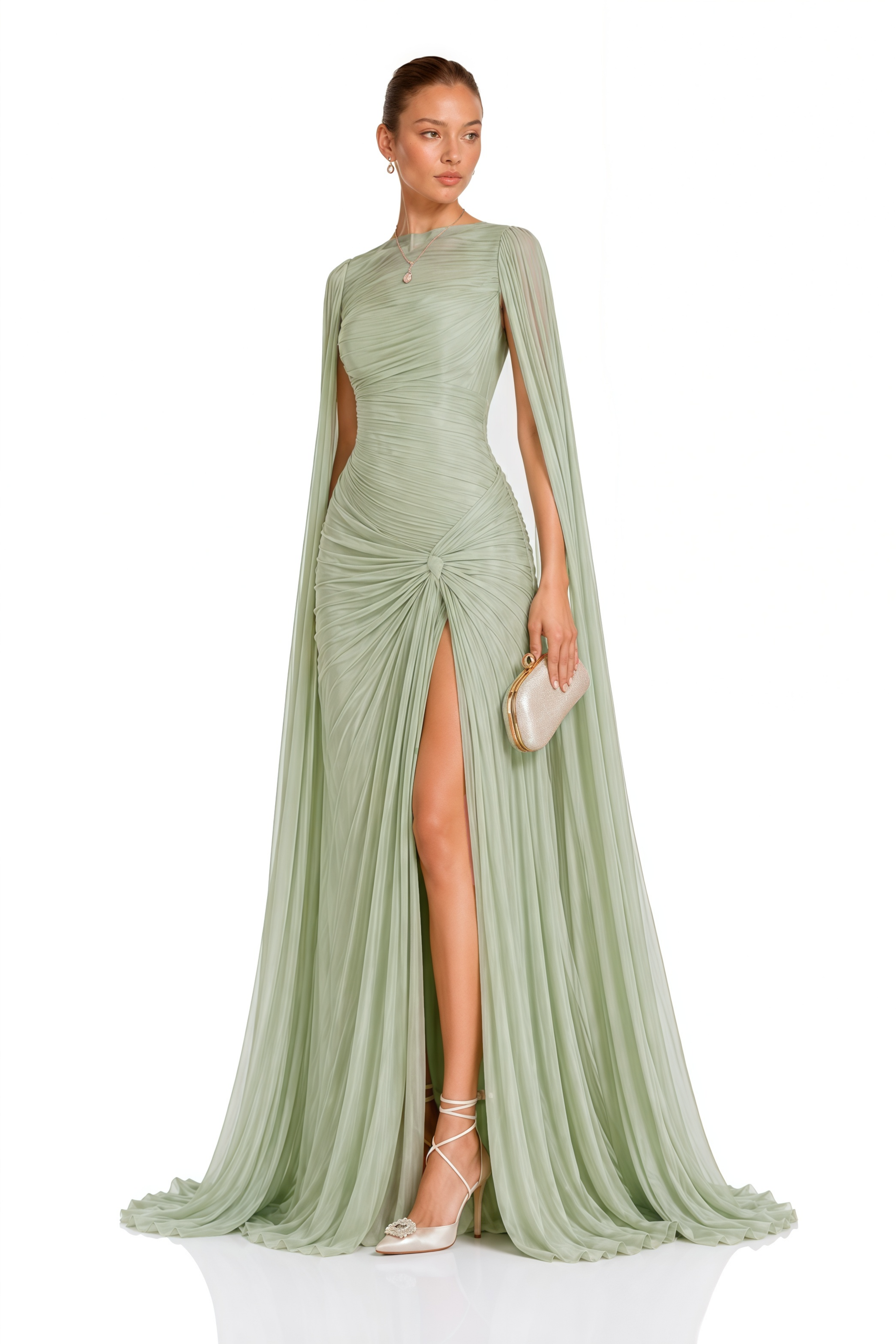 Eowyn Green Cape Sleeves Twist Slit Maxi Dress