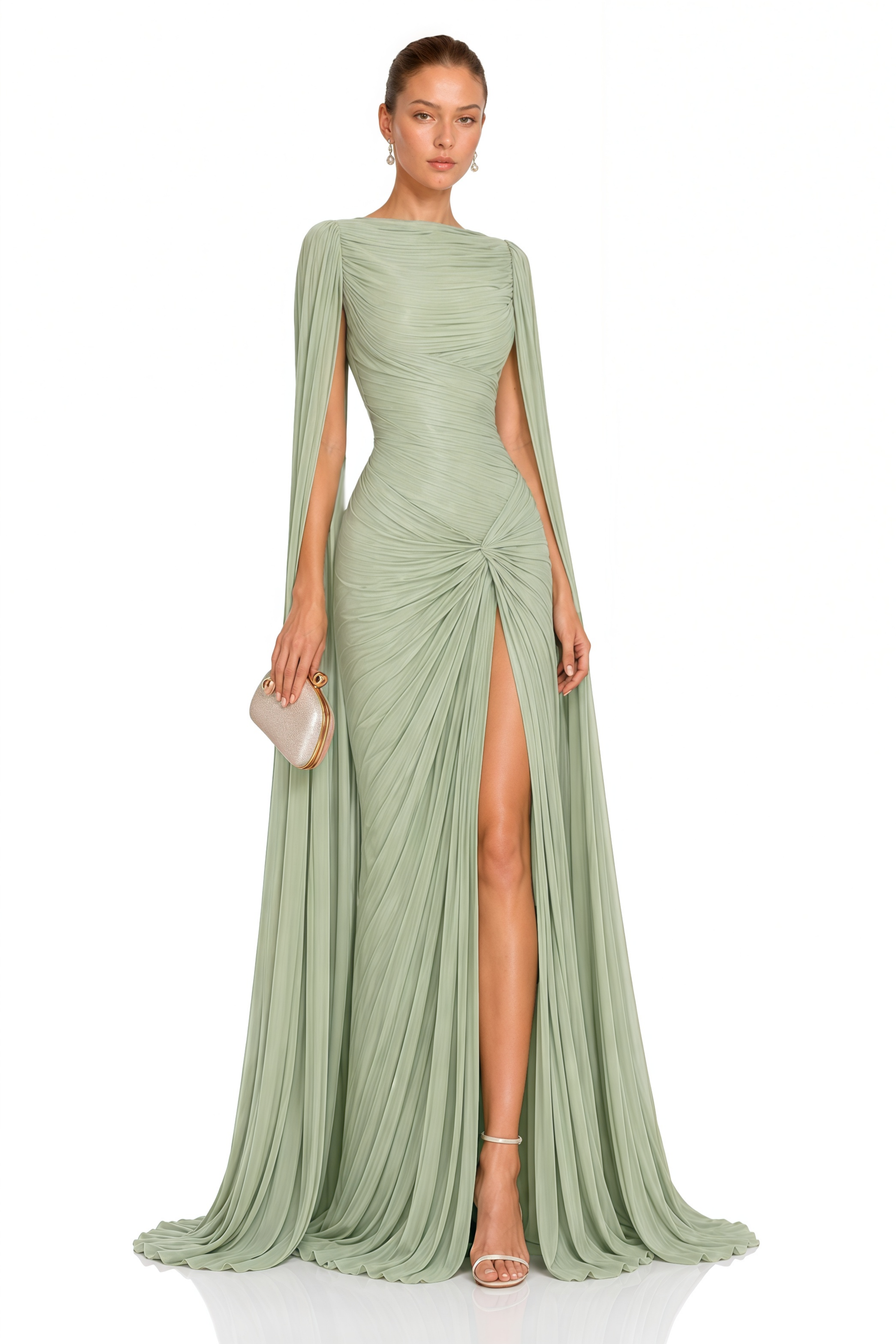 Eowyn Green Cape Sleeves Twist Slit Maxi Dress