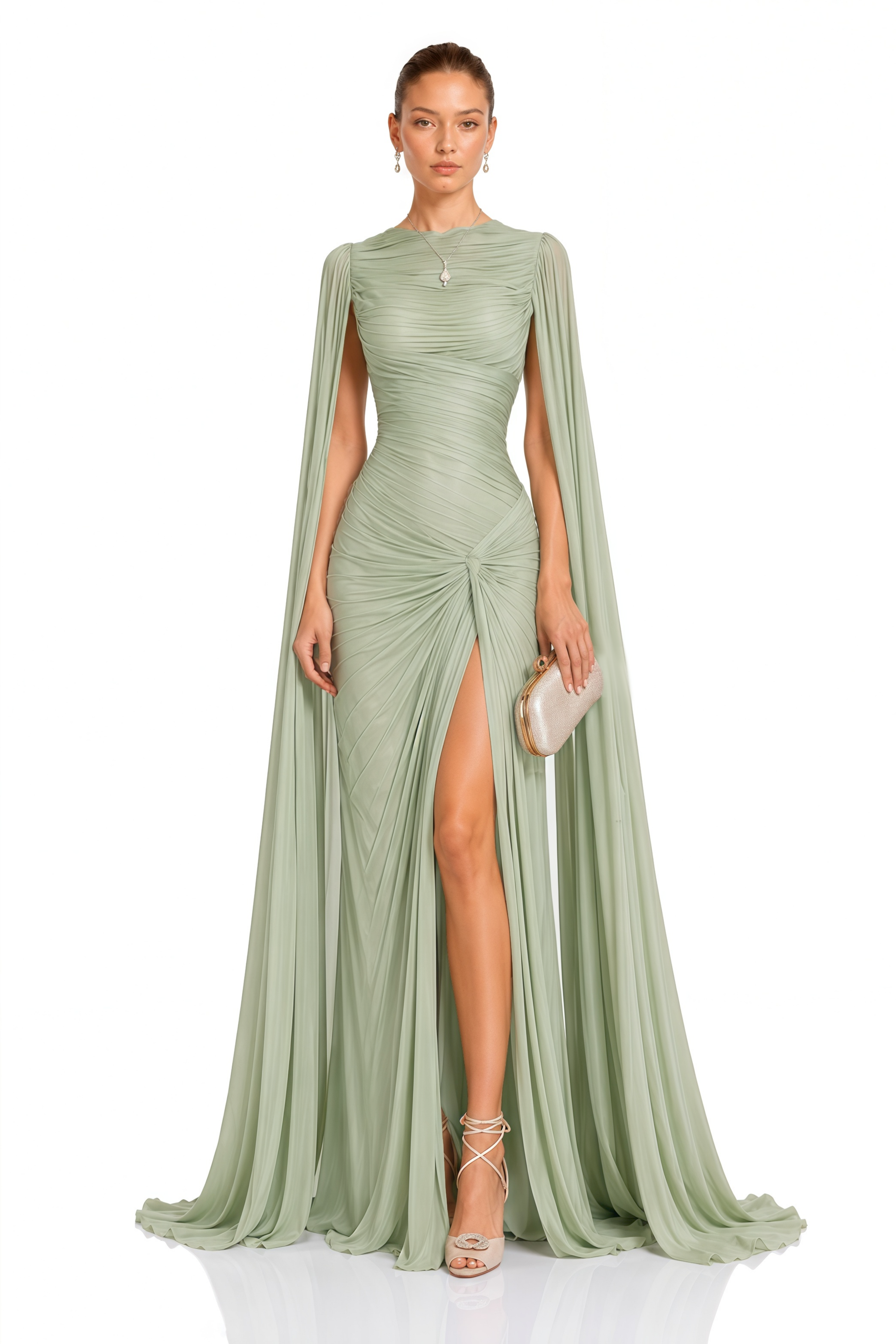 Eowyn Green Cape Sleeves Twist Slit Maxi Dress