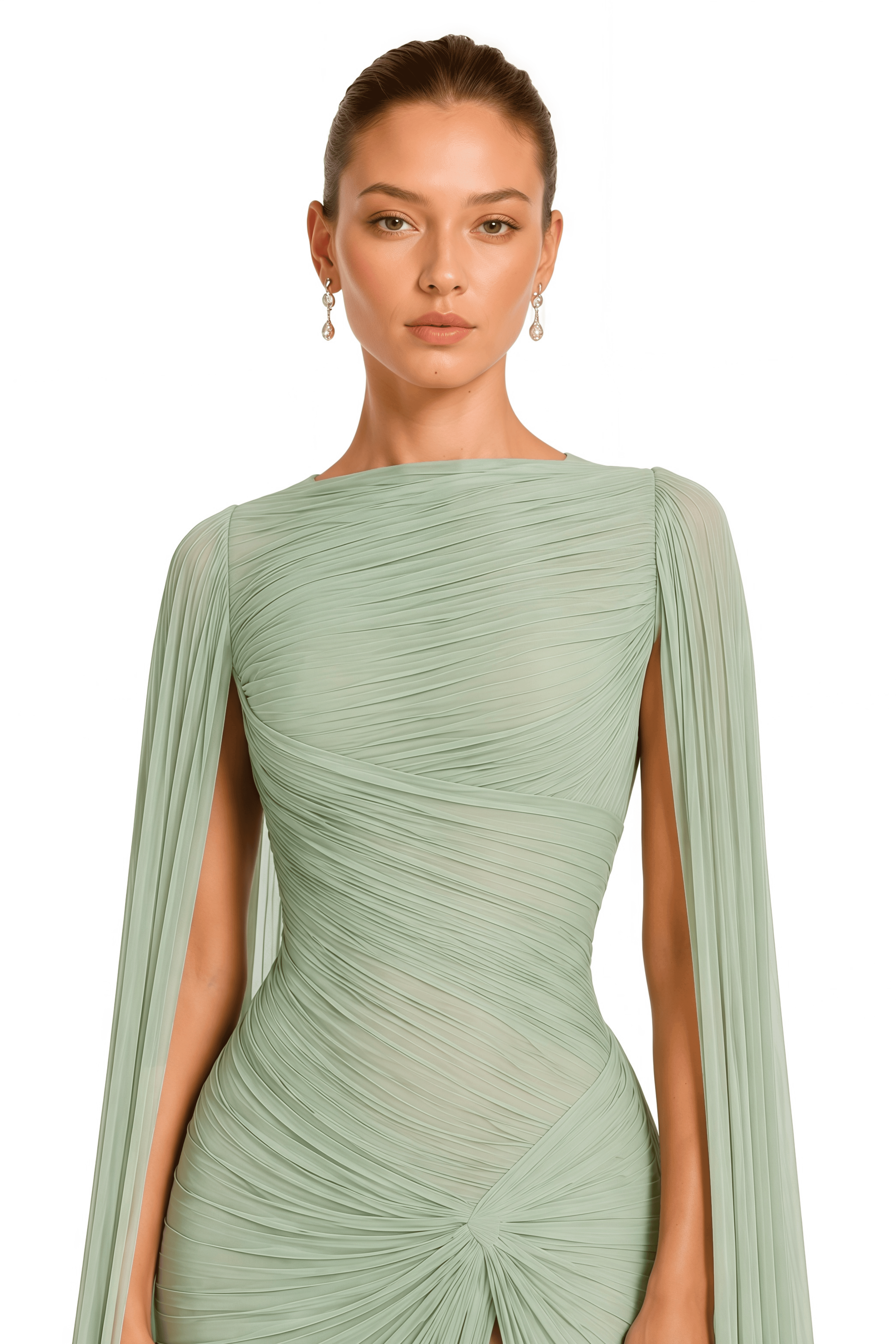Eowyn Green Cape Sleeves Twist Slit Maxi Dress