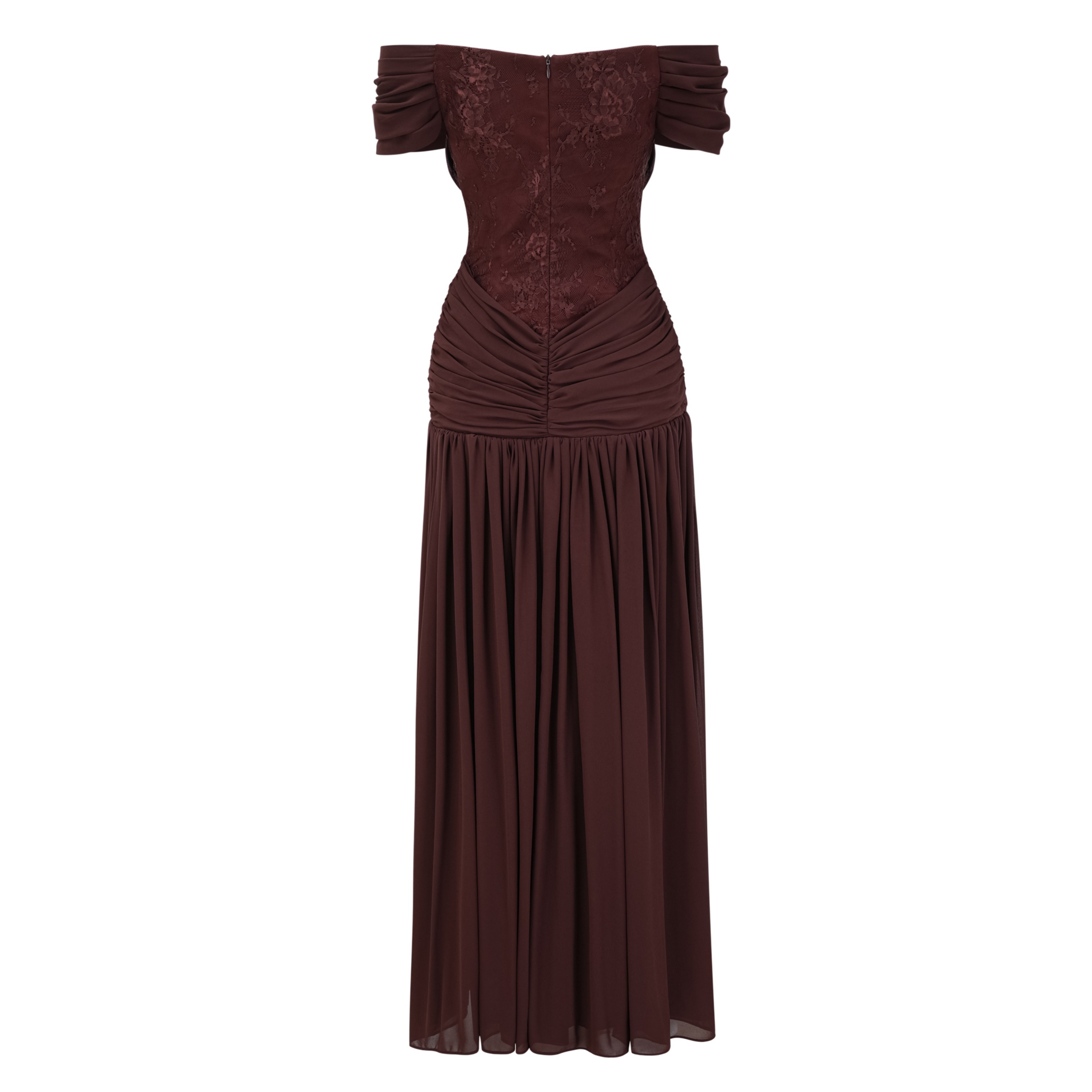 Eponine Brown Lace Ruched Off-Shoulder Maxi Dress