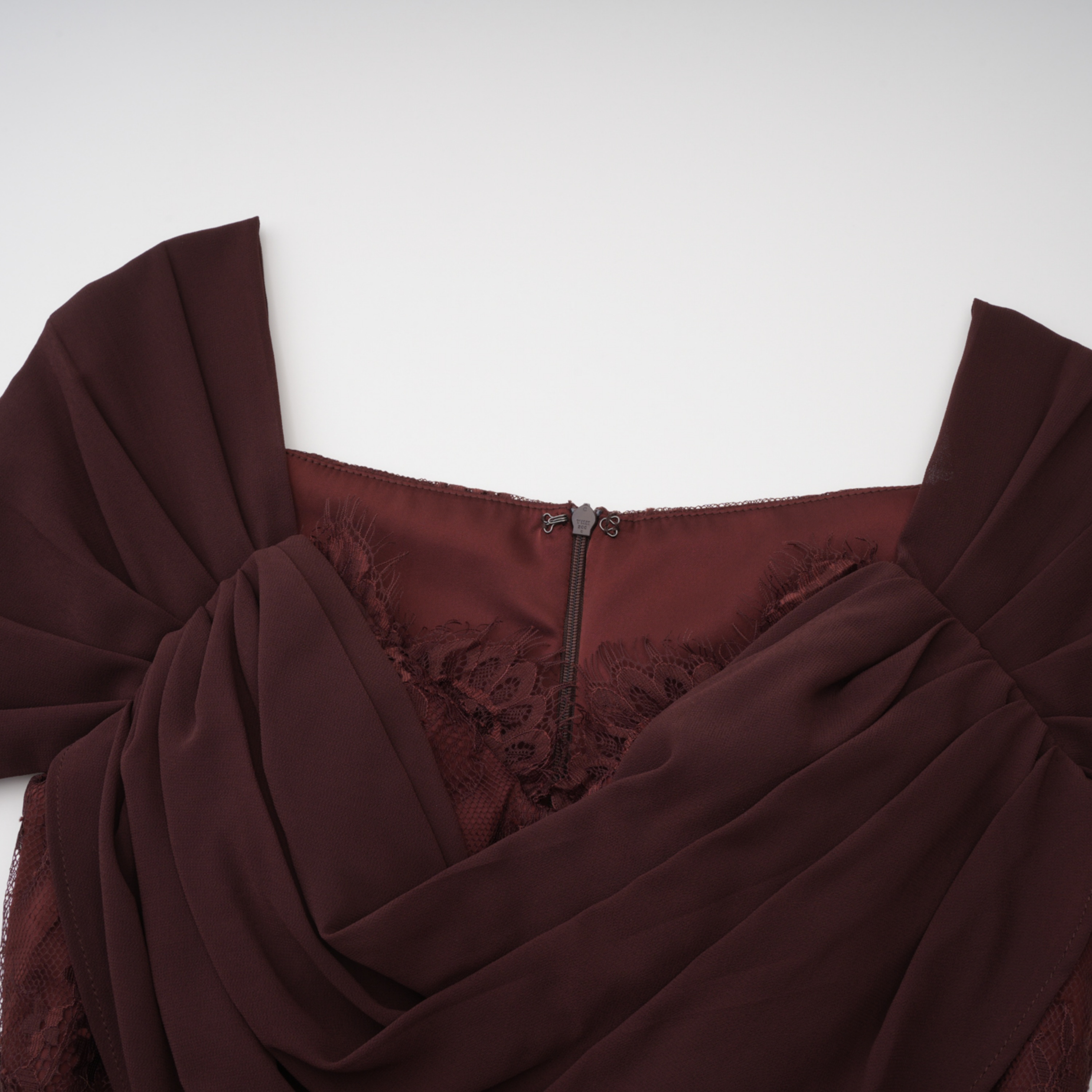Eponine Brown Lace Ruched Off-Shoulder Maxi Dress