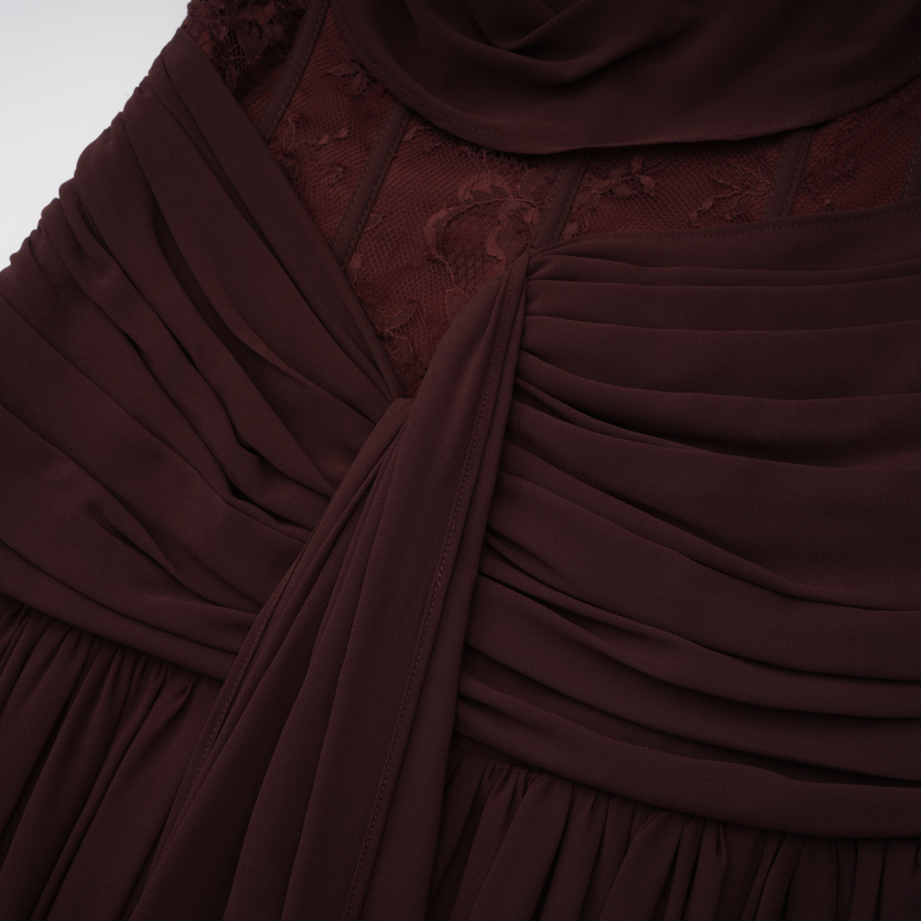 Eponine Brown Lace Ruched Off-Shoulder Maxi Dress