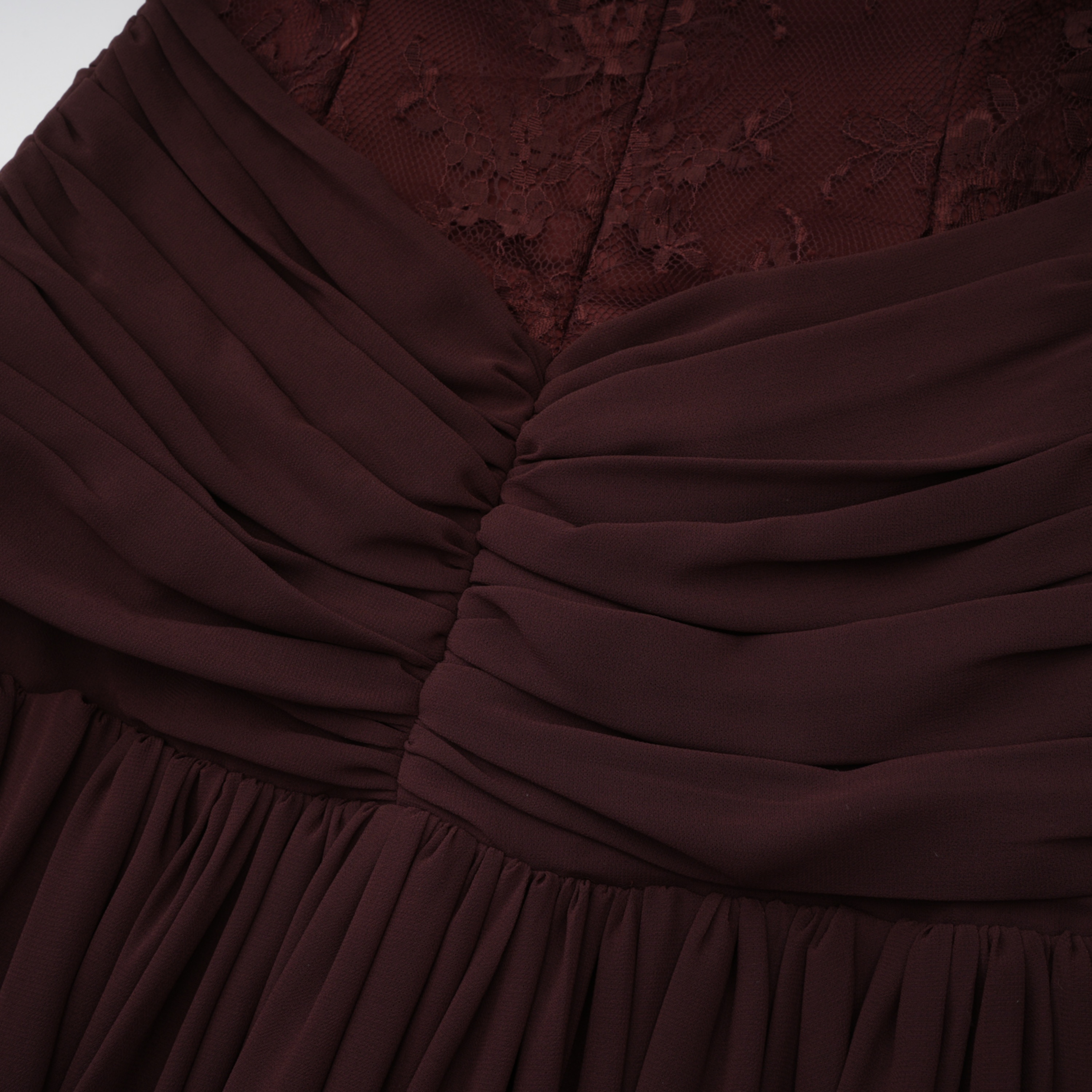 Eponine Brown Lace Ruched Off-Shoulder Maxi Dress