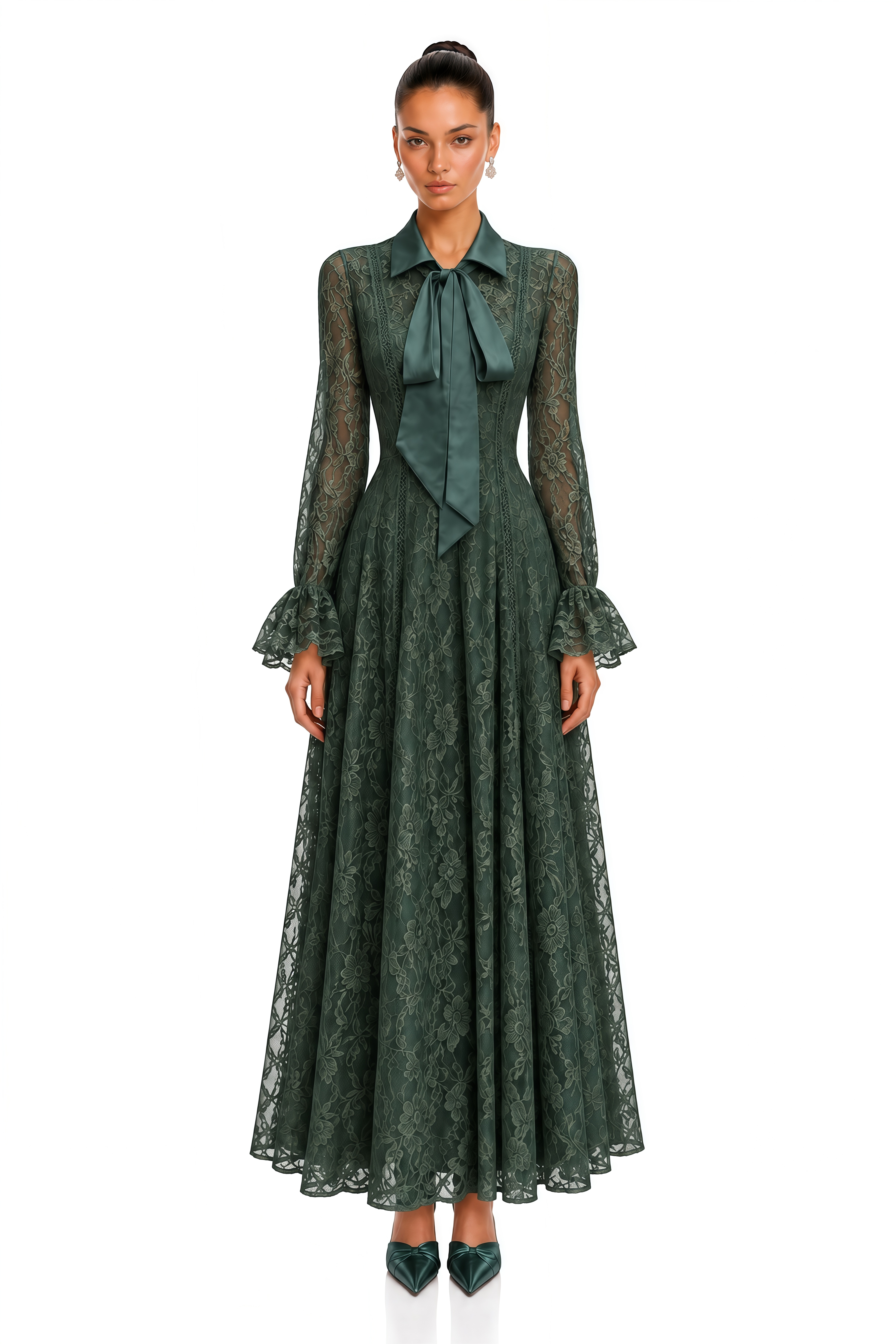 Erin Green Floral Lace Tie Neck Maxi Dress