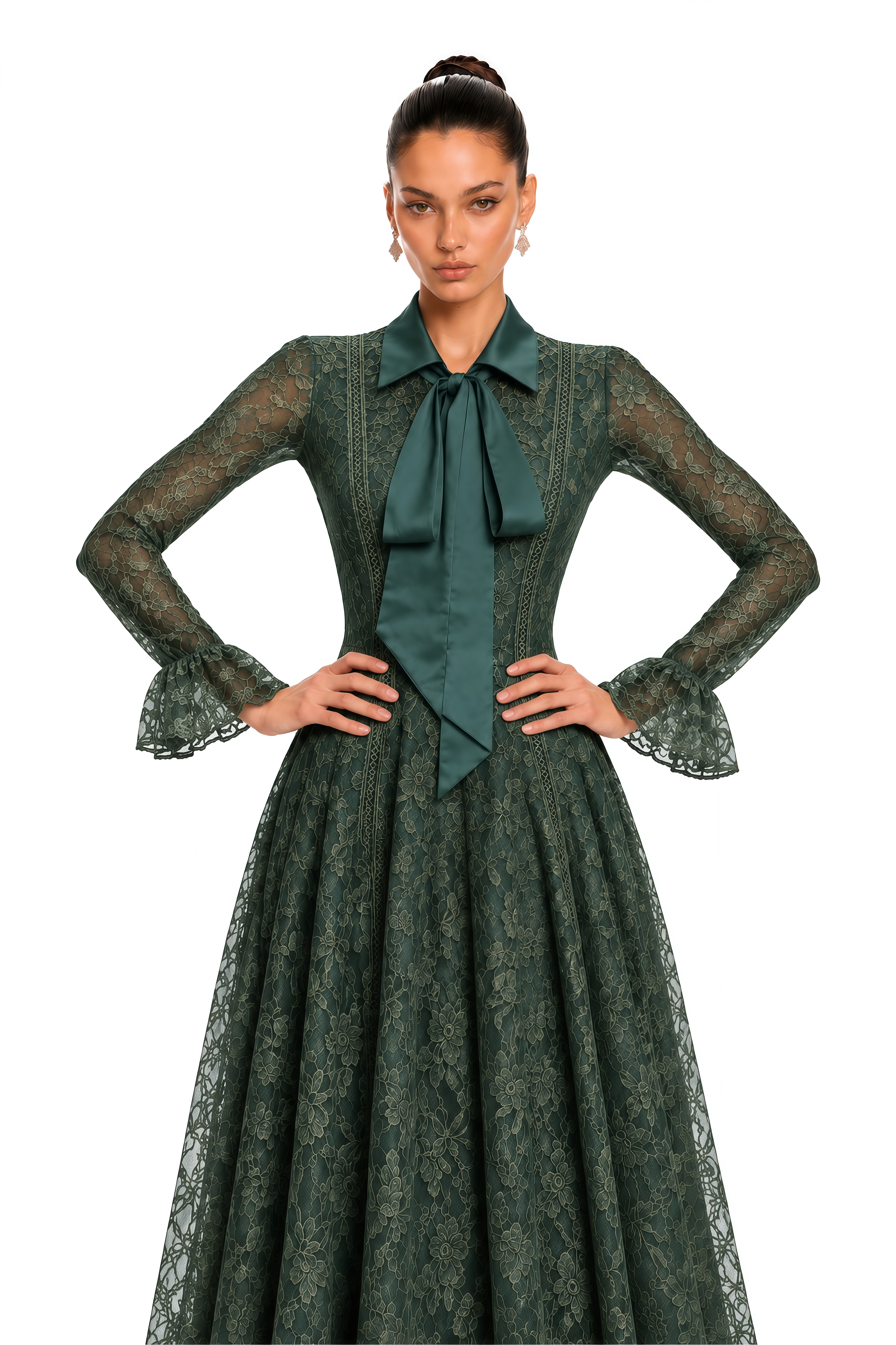 Erin Green Floral Lace Tie Neck Maxi Dress