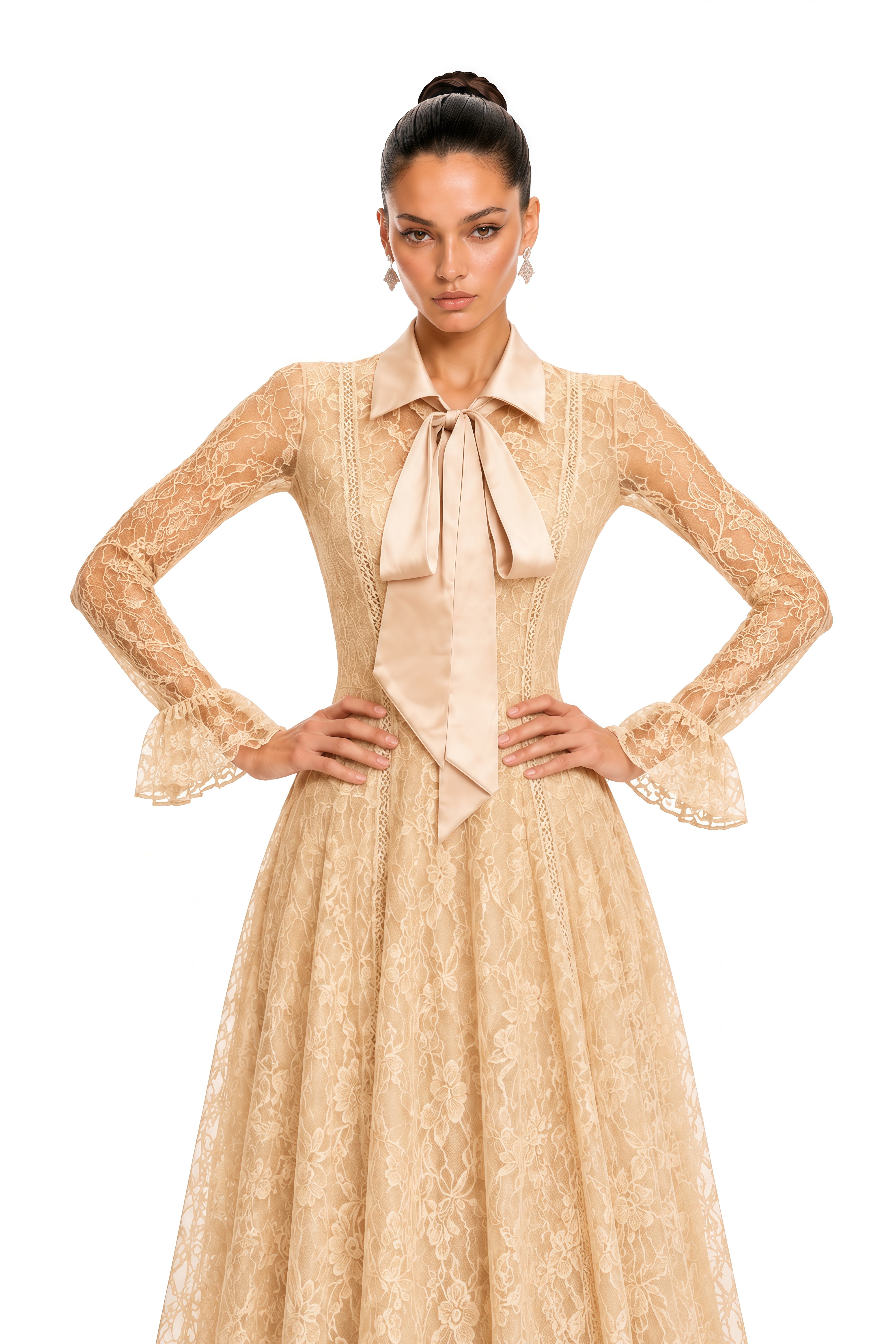 Erin Neutral Floral Lace Tie Neck Maxi Dress