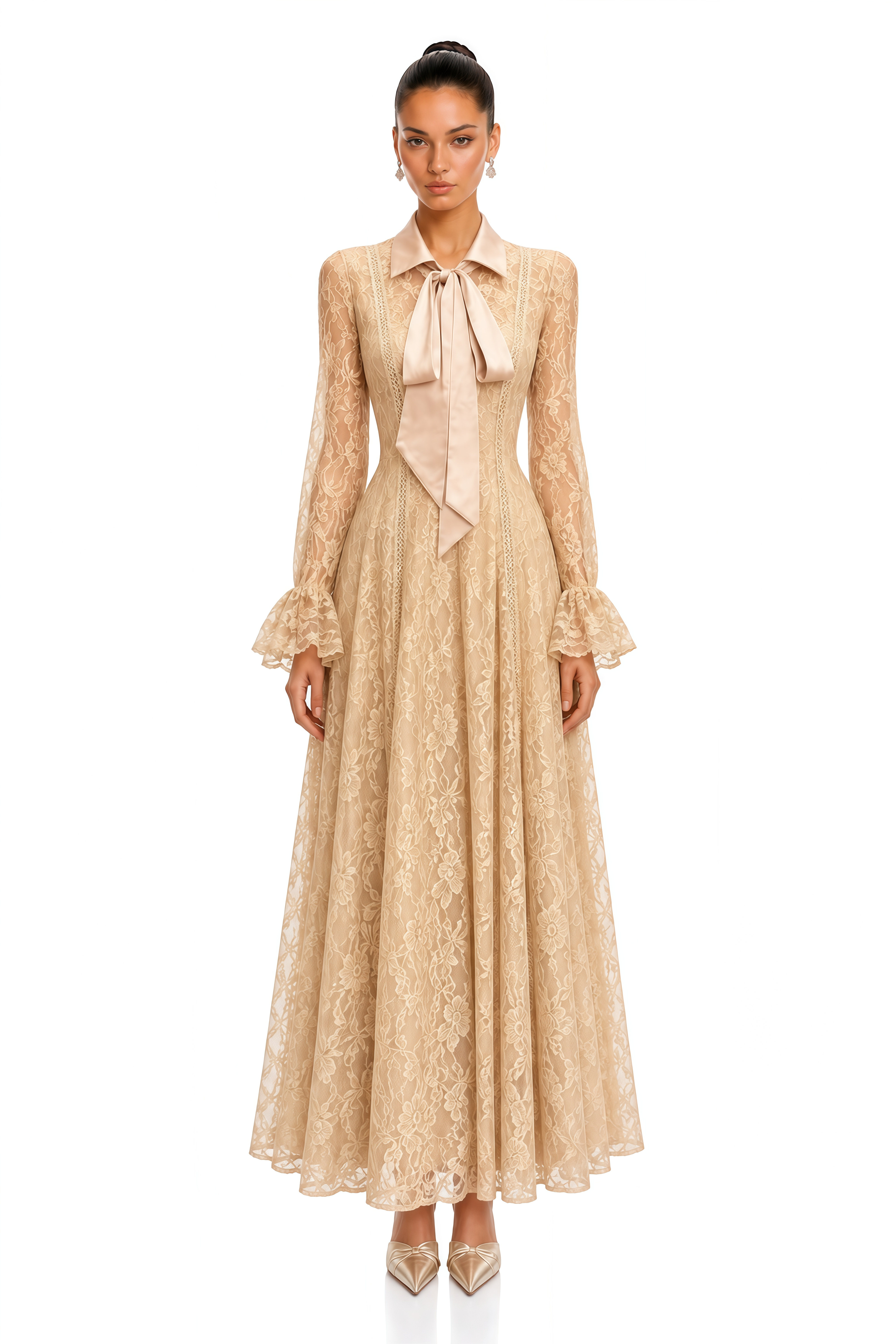 Erin Neutral Floral Lace Tie Neck Maxi Dress