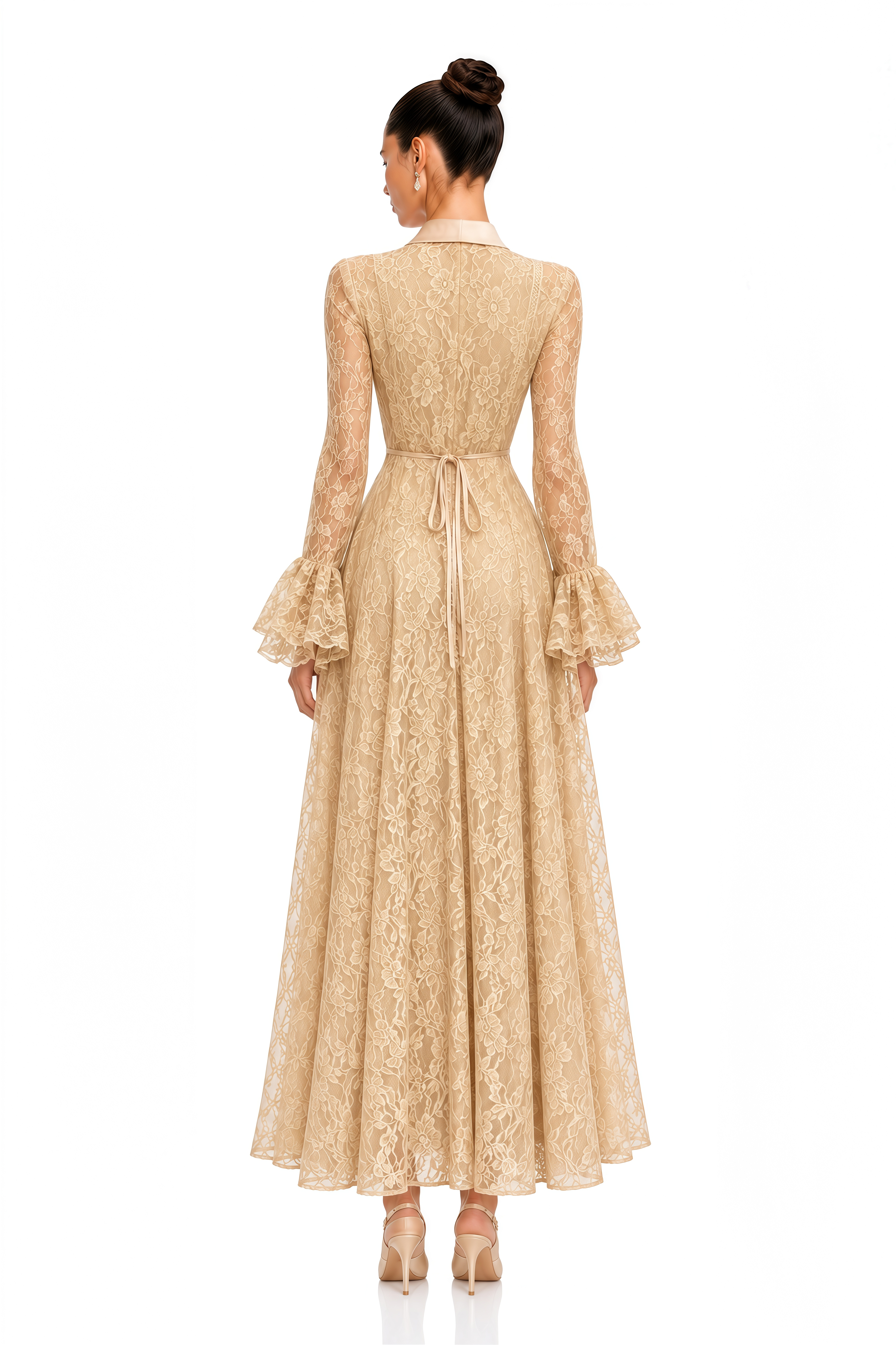 Erin Neutral Floral Lace Tie Neck Maxi Dress