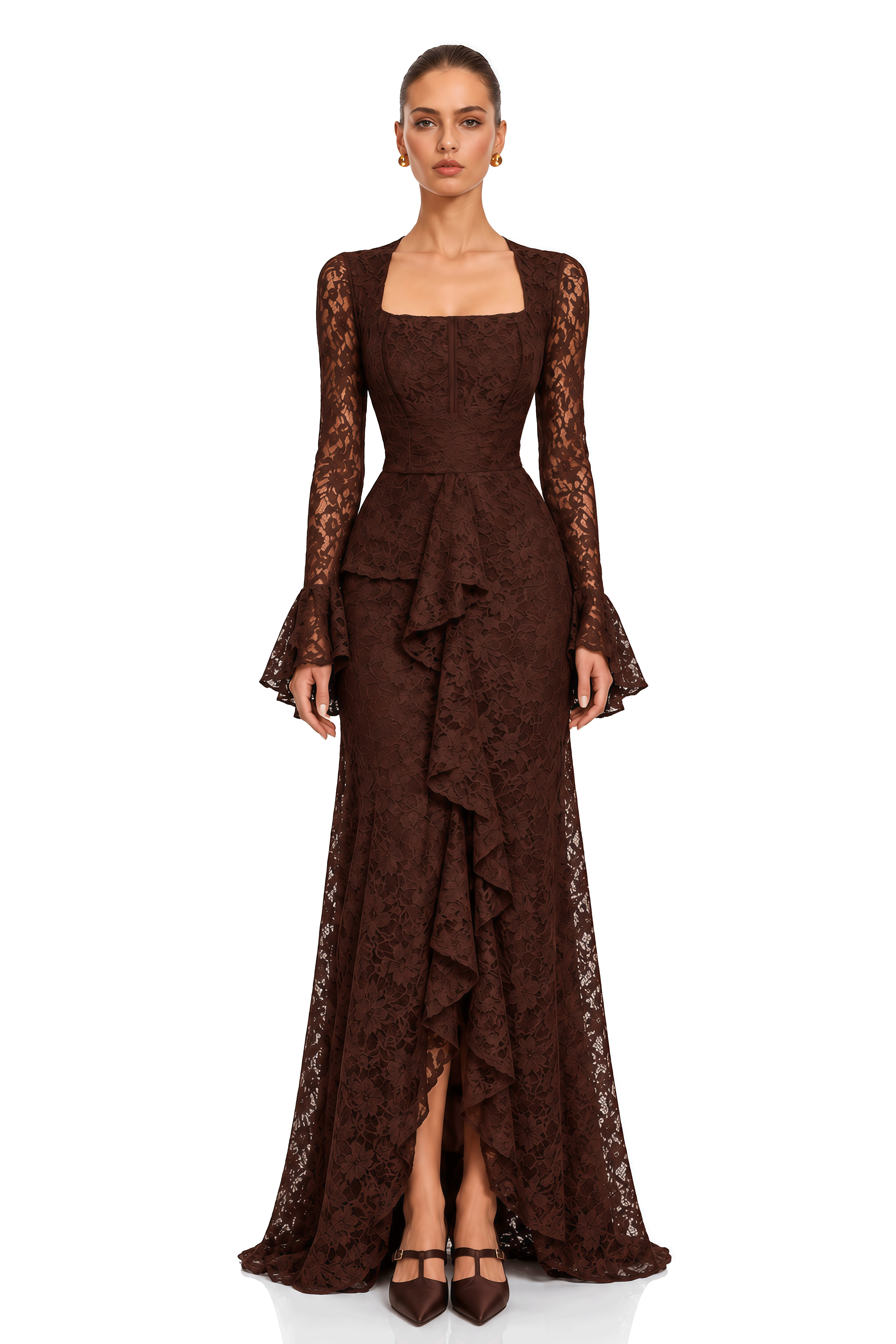 Esmae Brown Lace Square Neck Ruffle Maxi Dress