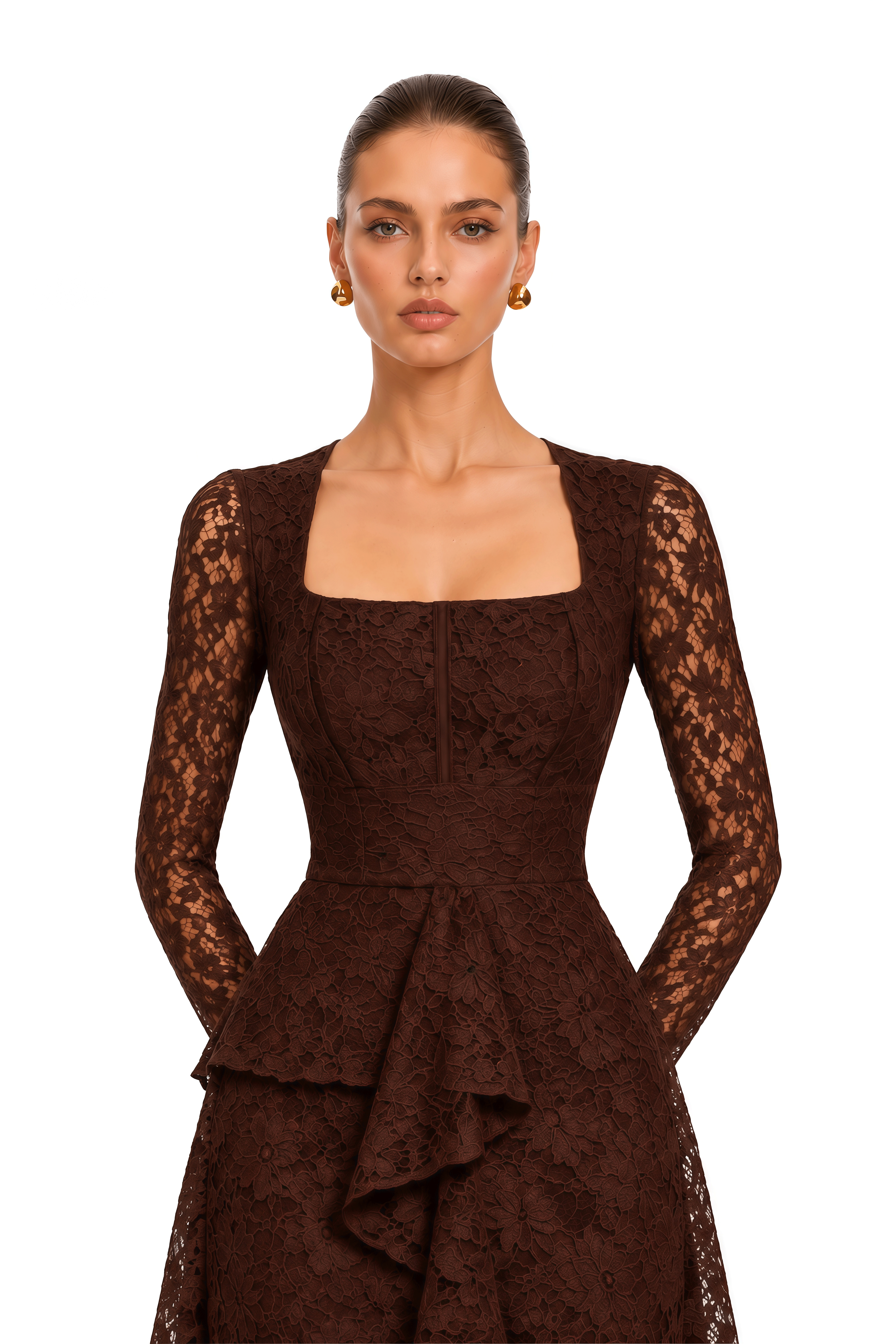 Esmae Brown Lace Square Neck Ruffle Maxi Dress