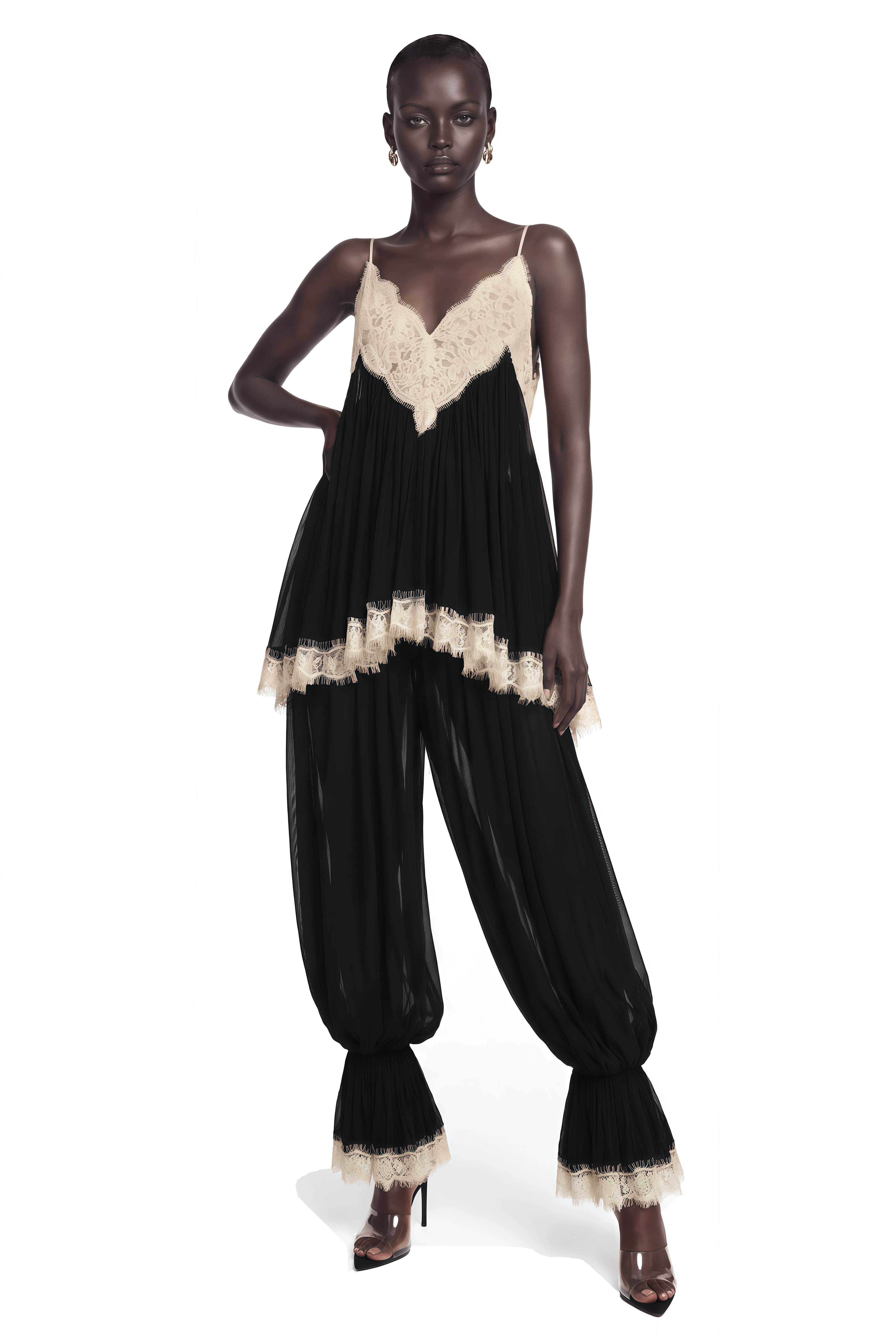 Esme Black Ruffled Lace Trim Top & Trousers Set