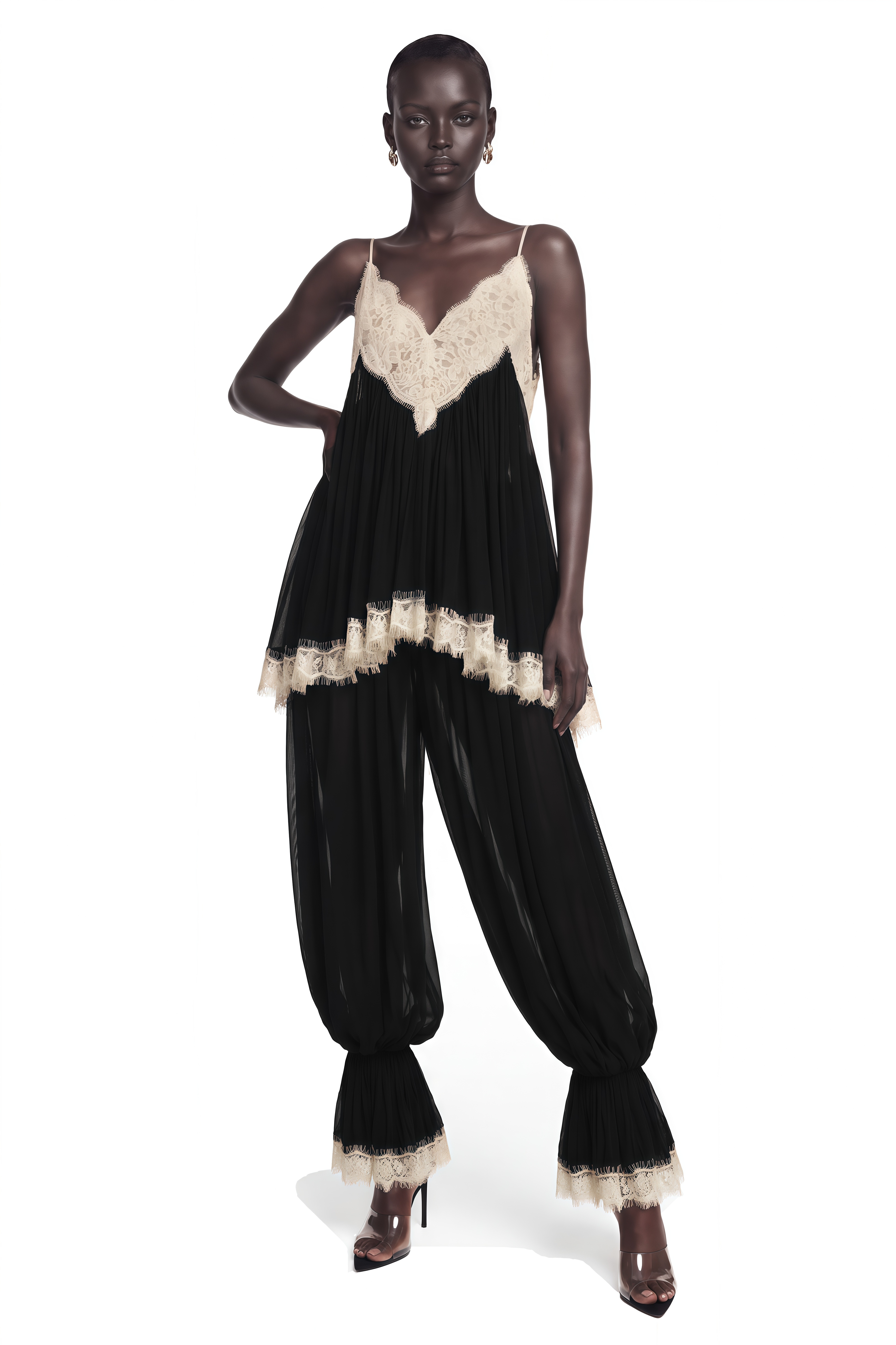 Esme Black Ruffled Lace Trim Top & Trousers Set
