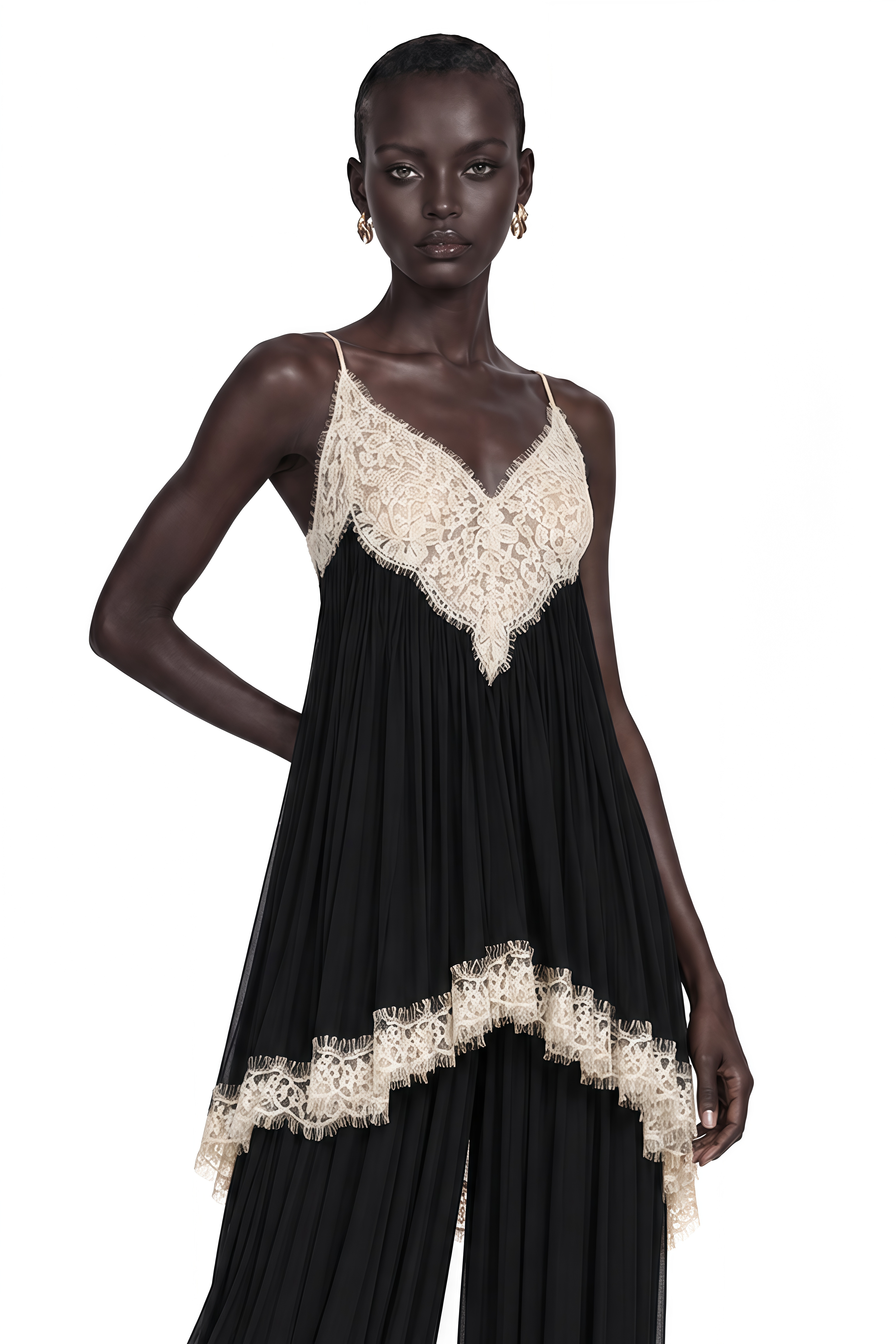 Esme Black Ruffled Lace Trim Top & Trousers Set