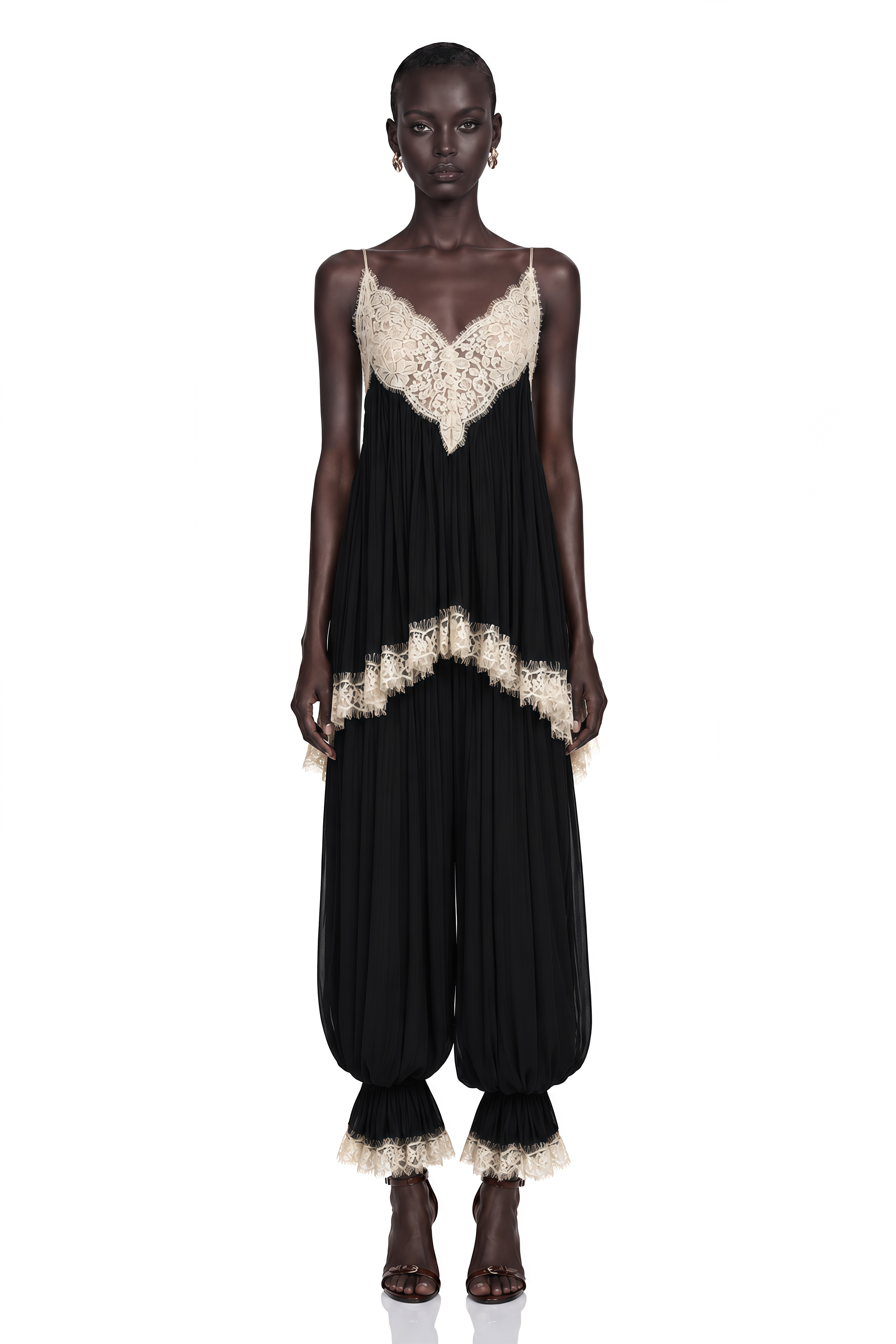 Esme Black Ruffled Lace Trim Top & Trousers Set