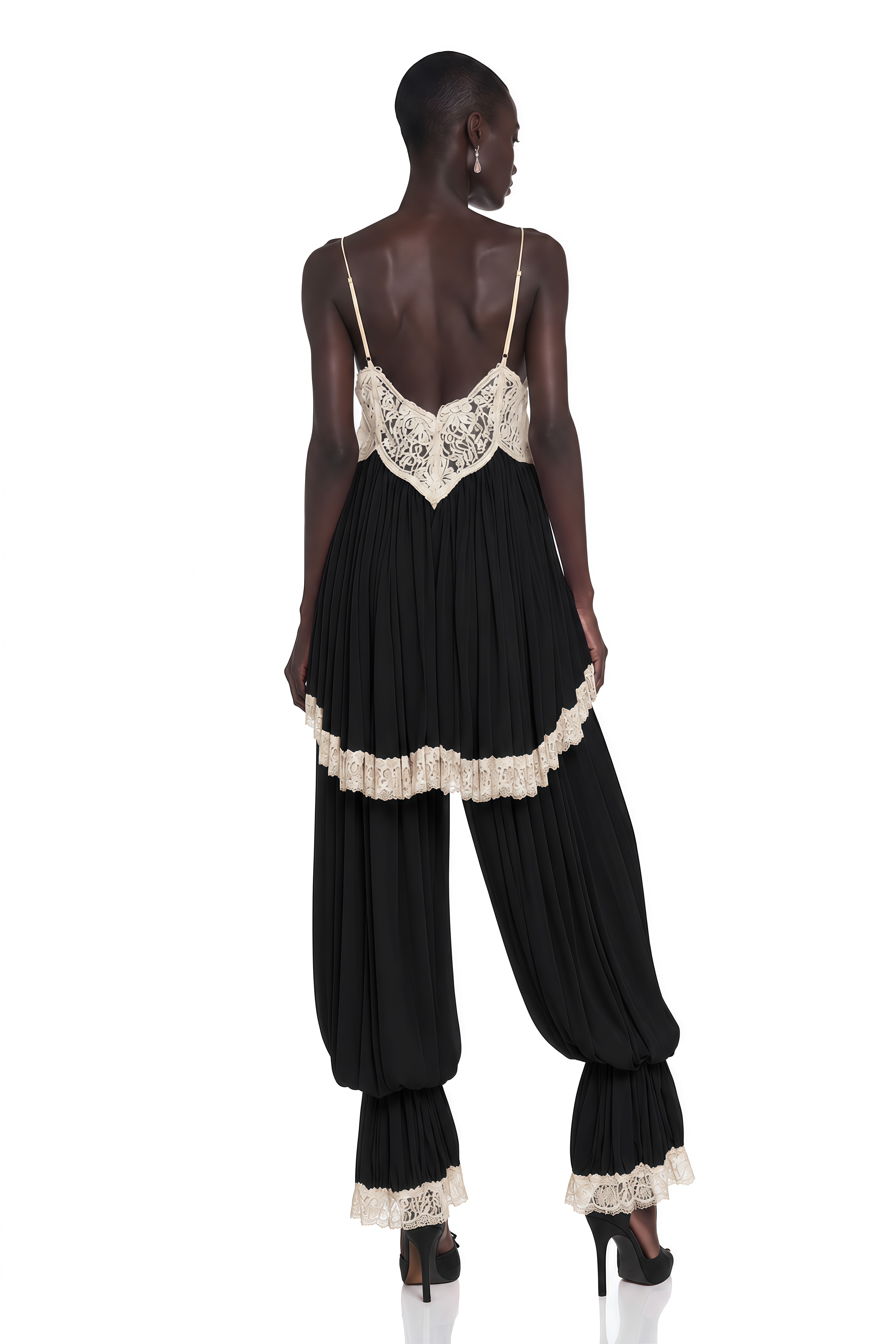 Esme Black Ruffled Lace Trim Top & Trousers Set