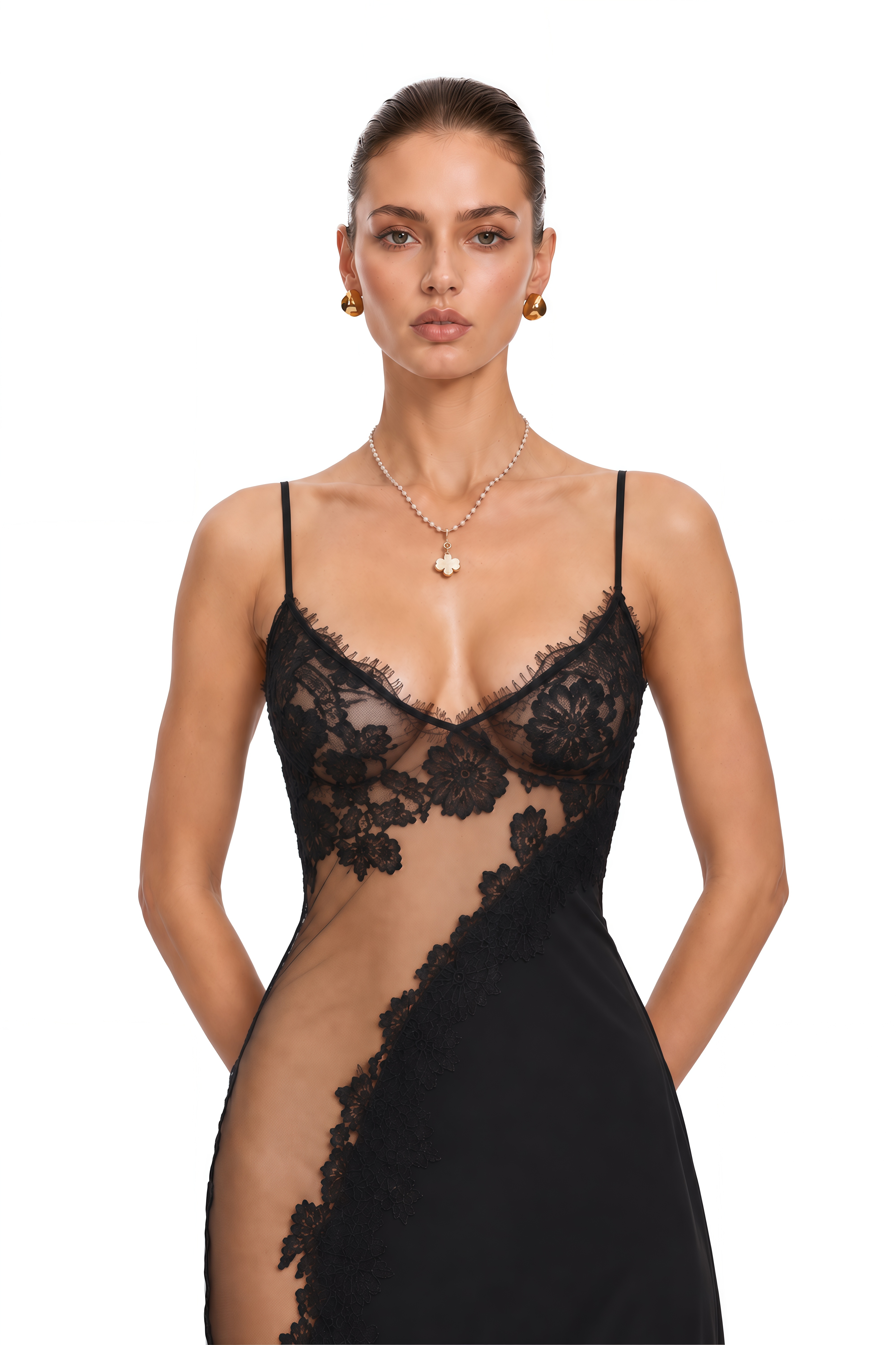 Estella Black Lace Panel Slip Maxi Dress