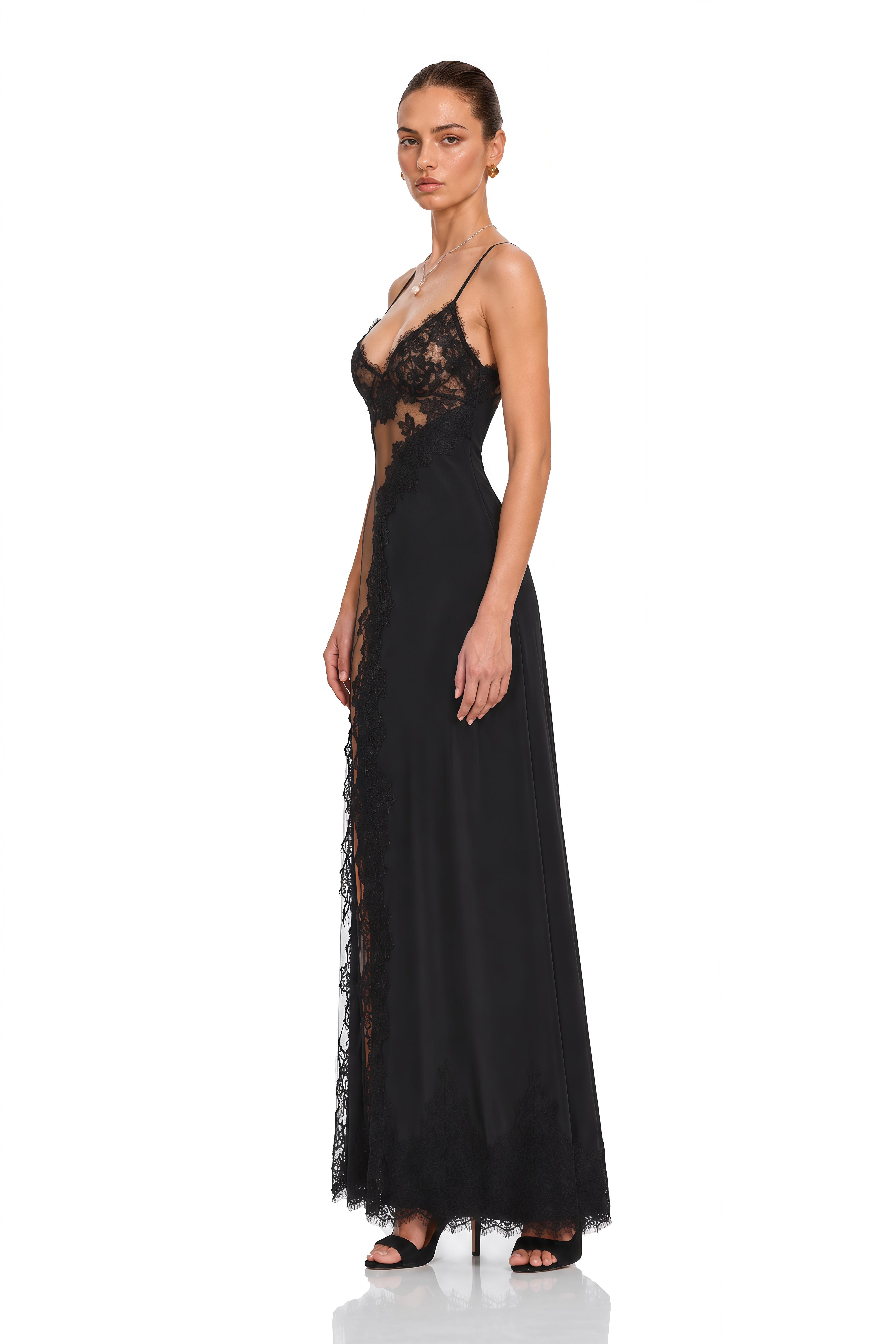 Estella Black Lace Panel Slip Maxi Dress