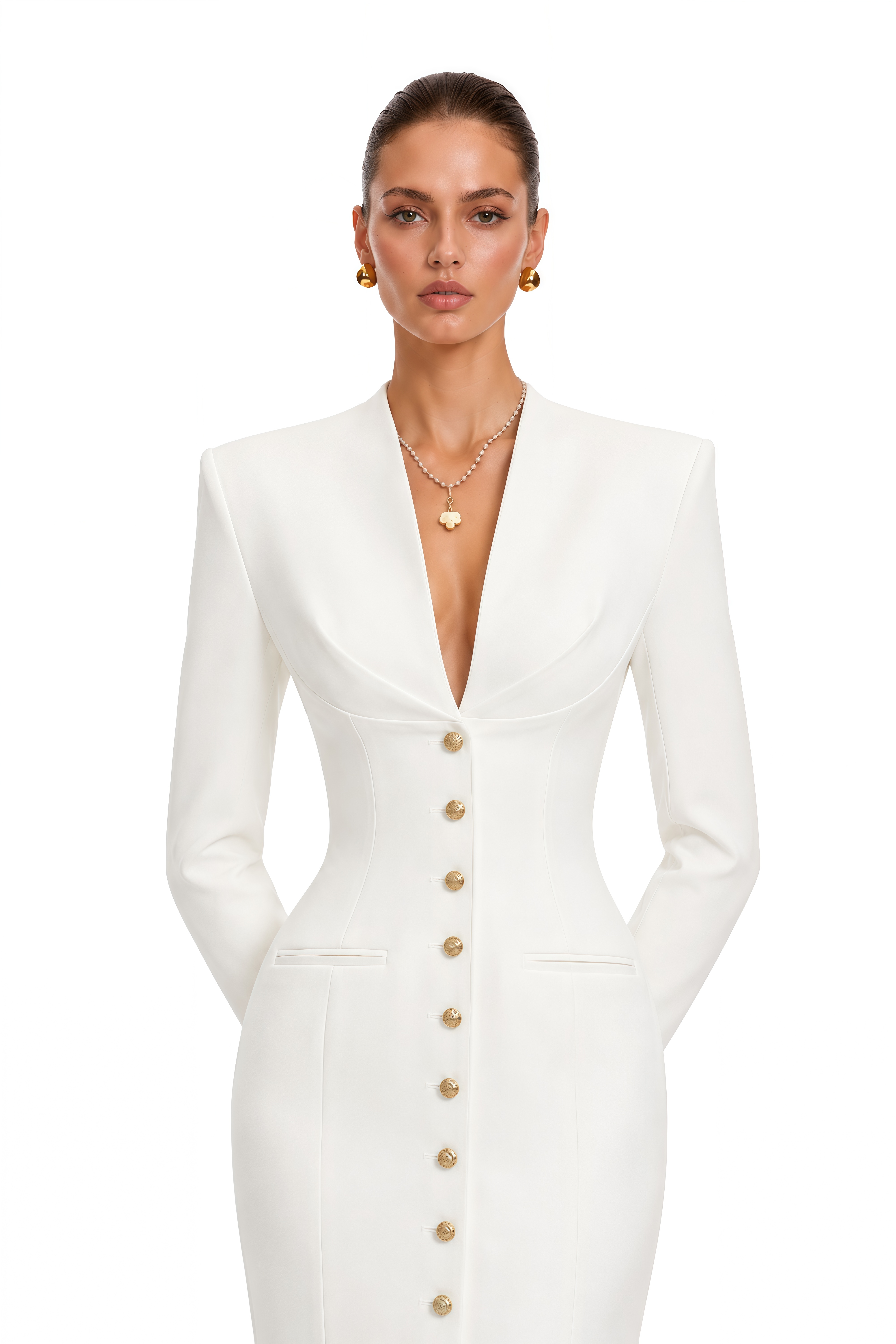 Esther White Structured Button Front Blazer Maxi Dress