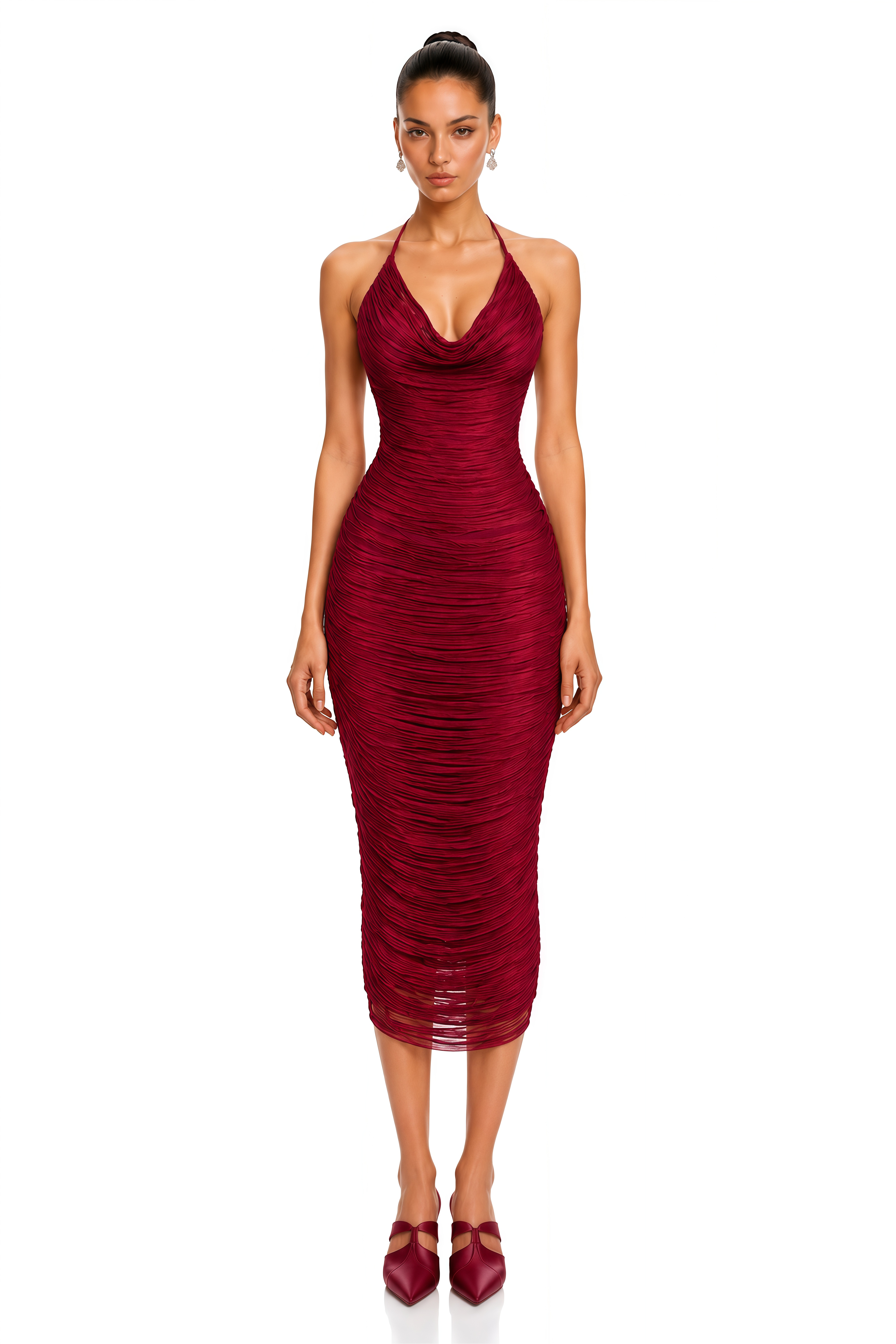 Etta Burgundy Cowl Neck Fringe Midi Dress
