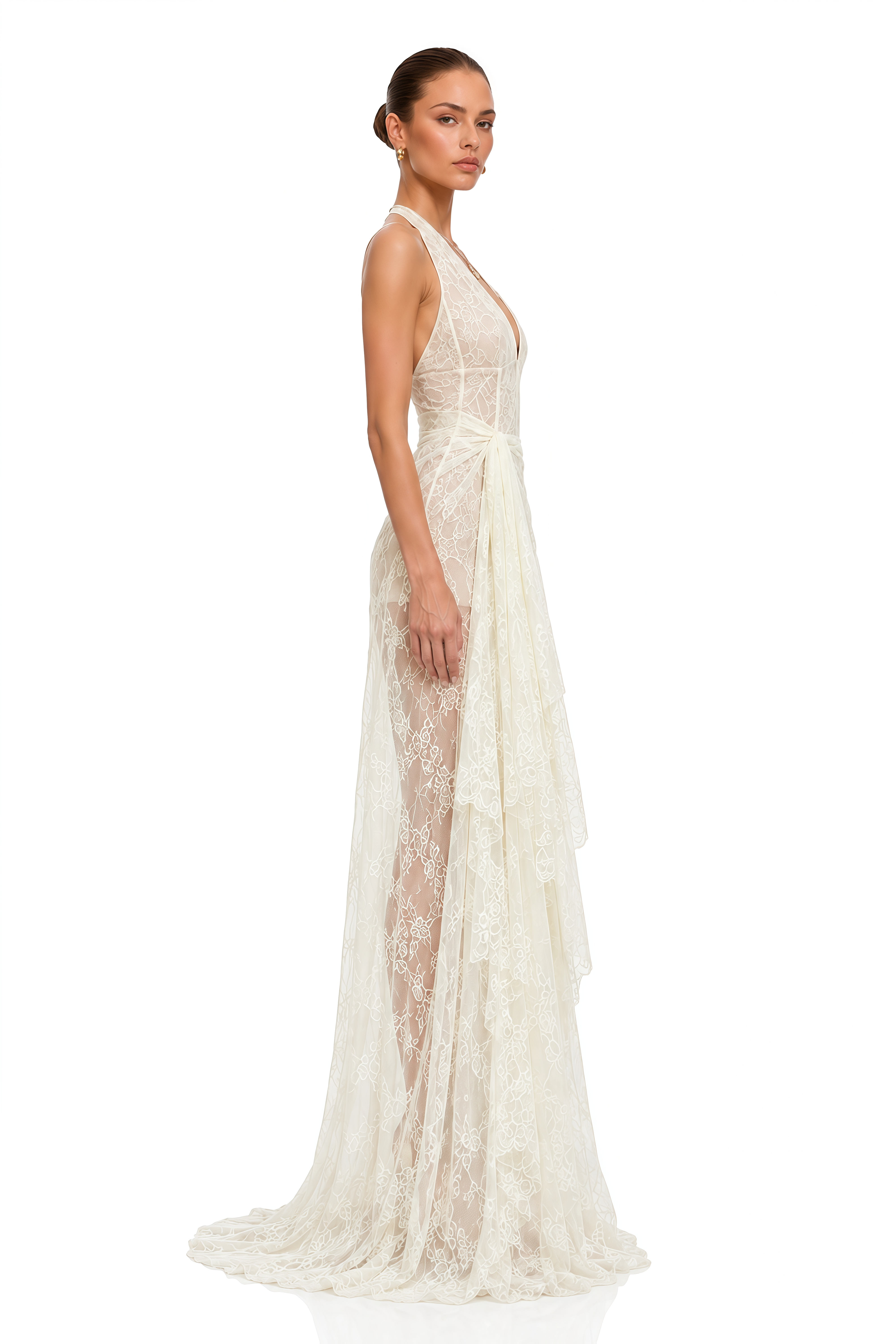 Eudeline Yellow Lace Halterneck Dreaped Maxi Dress