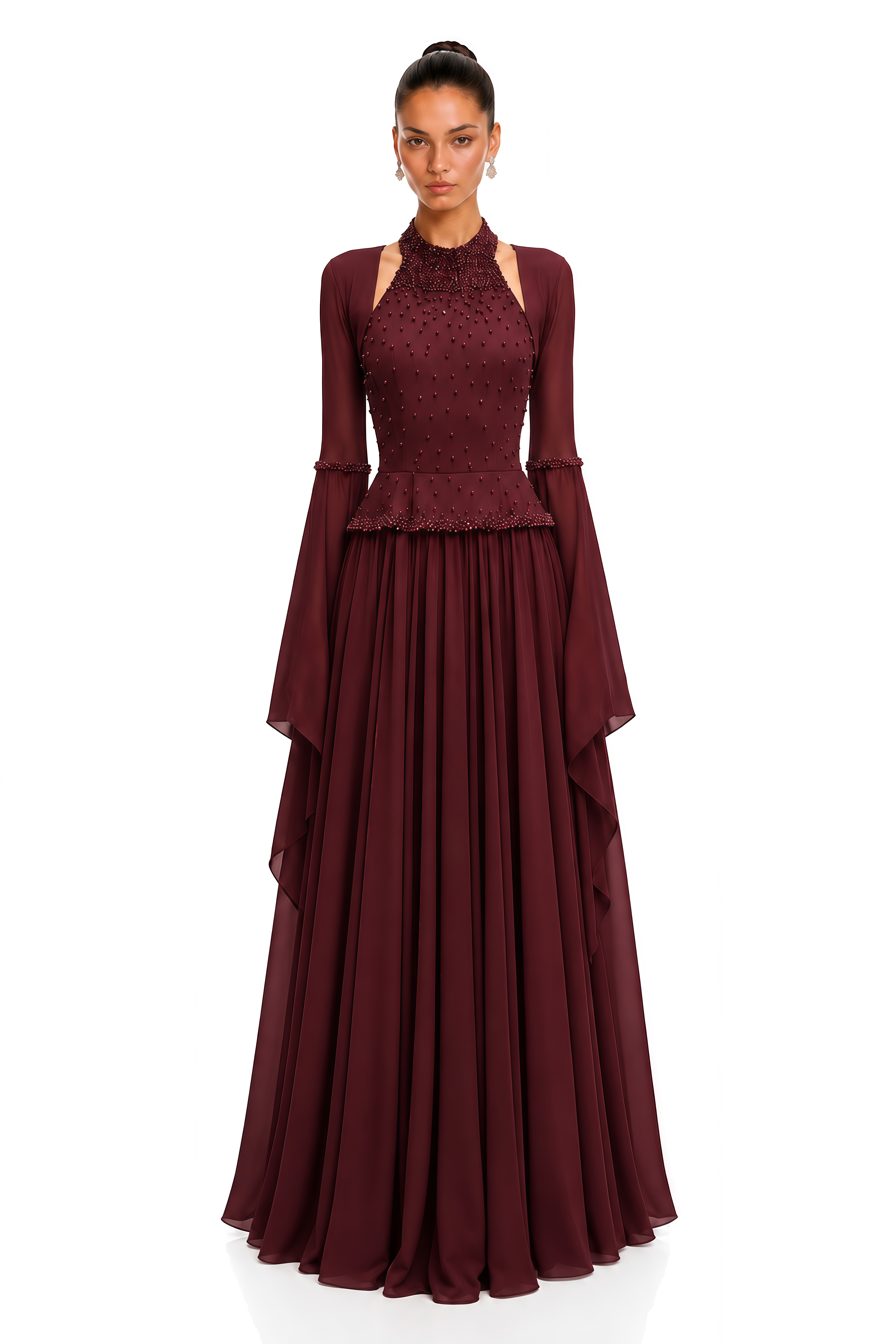 Eudora Burgundy Embellished Halterneck Maxi Dress & Shawl Set
