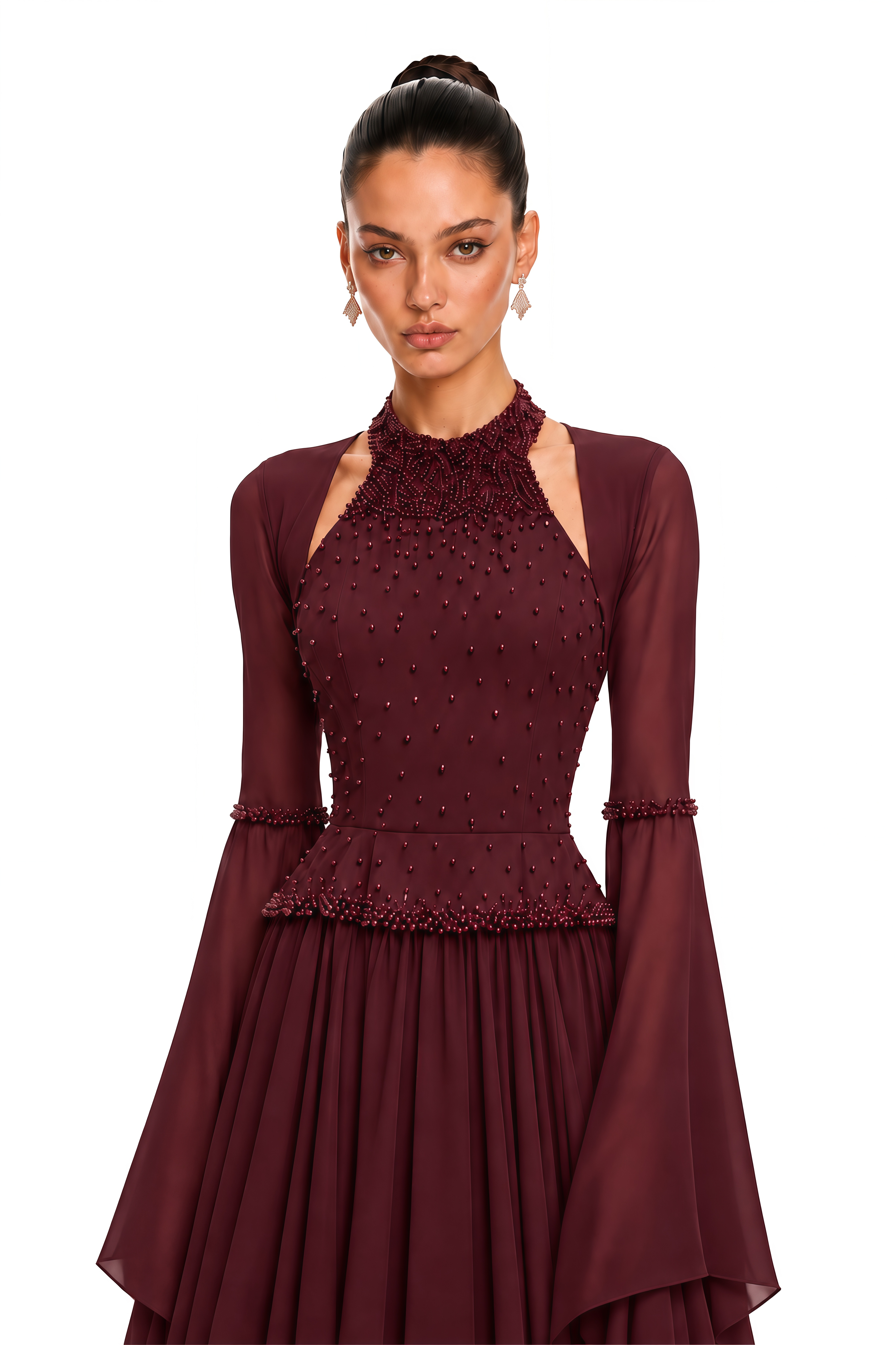 Eudora Burgundy Embellished Halterneck Maxi Dress & Shawl Set