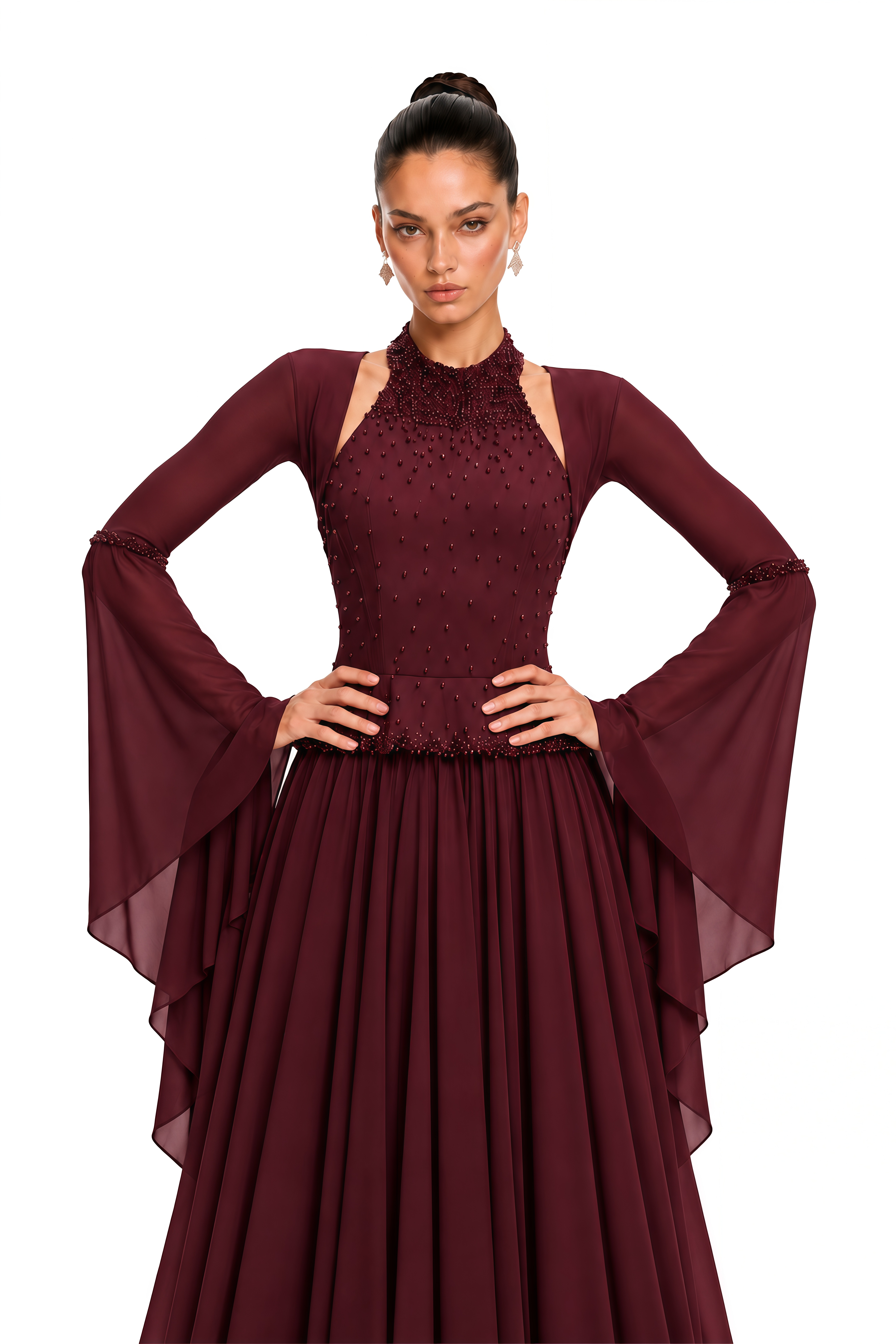 Eudora Burgundy Embellished Halterneck Maxi Dress & Shawl Set