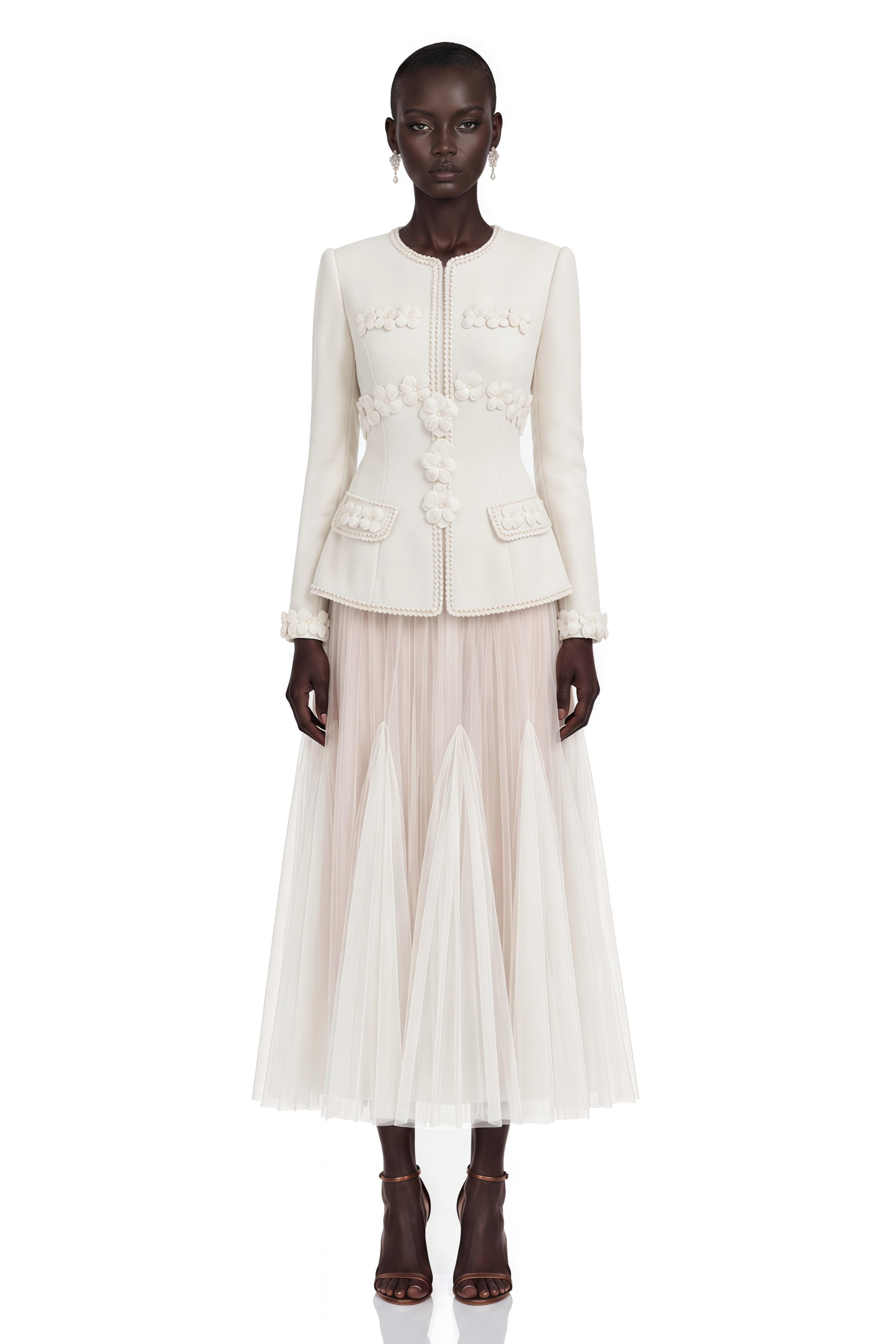 Eudora Cream Tweed Floral Applique Jacket & Skirt Set