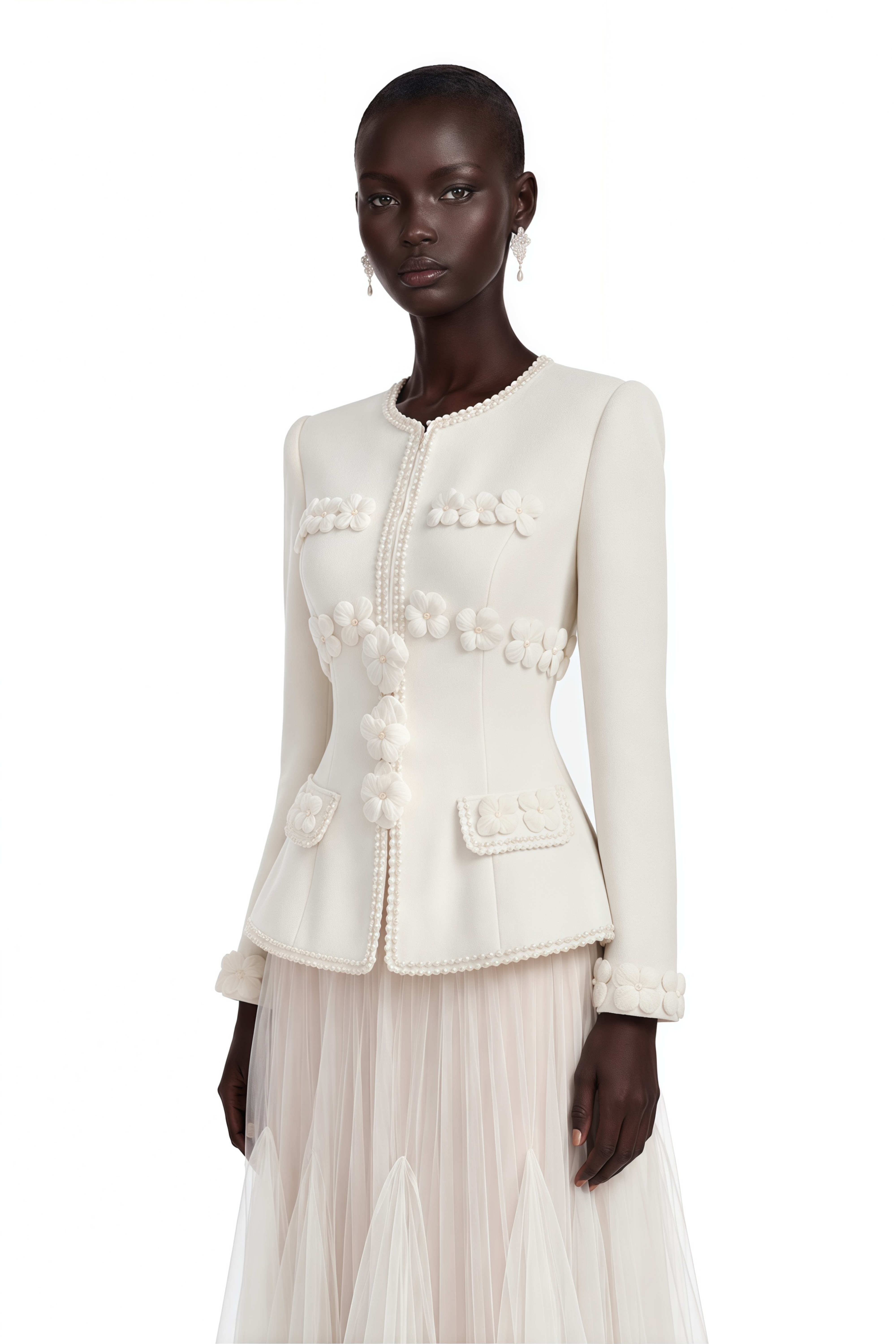 Eudora Cream Tweed Floral Applique Jacket & Skirt Set